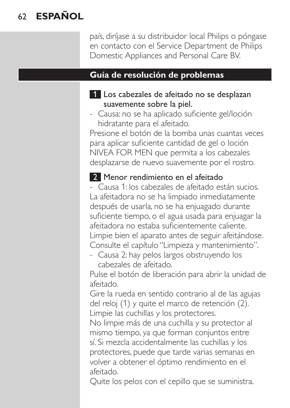 Guía de resolución de problemas | Philips NIVEA FOR MEN Rasierer User Manual | Page 60 / 168