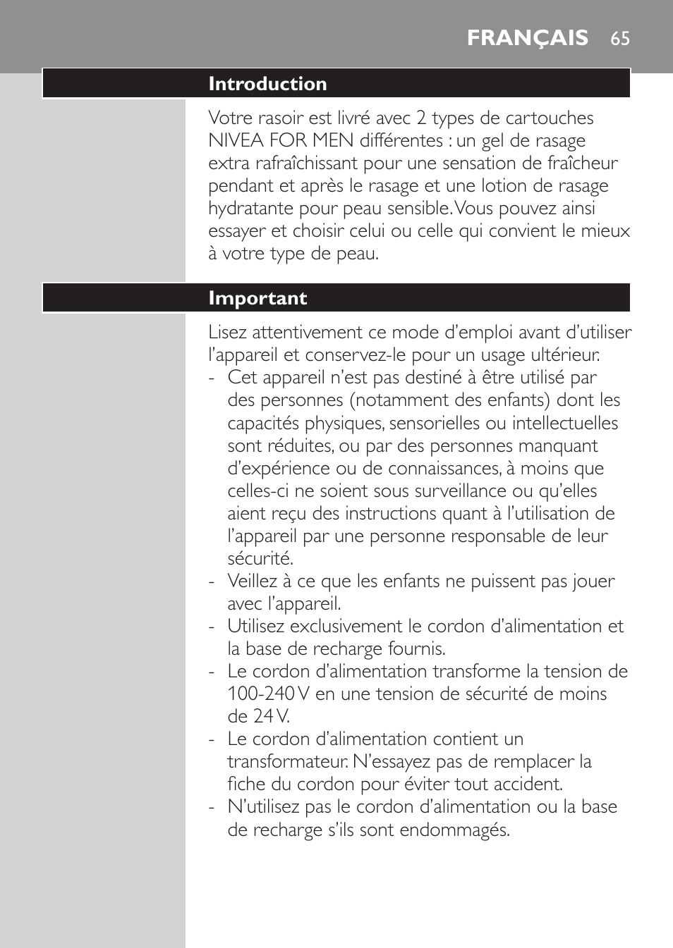 Français, Introduction, Important | Philips NIVEA FOR MEN Rasierer User Manual | Page 63 / 168