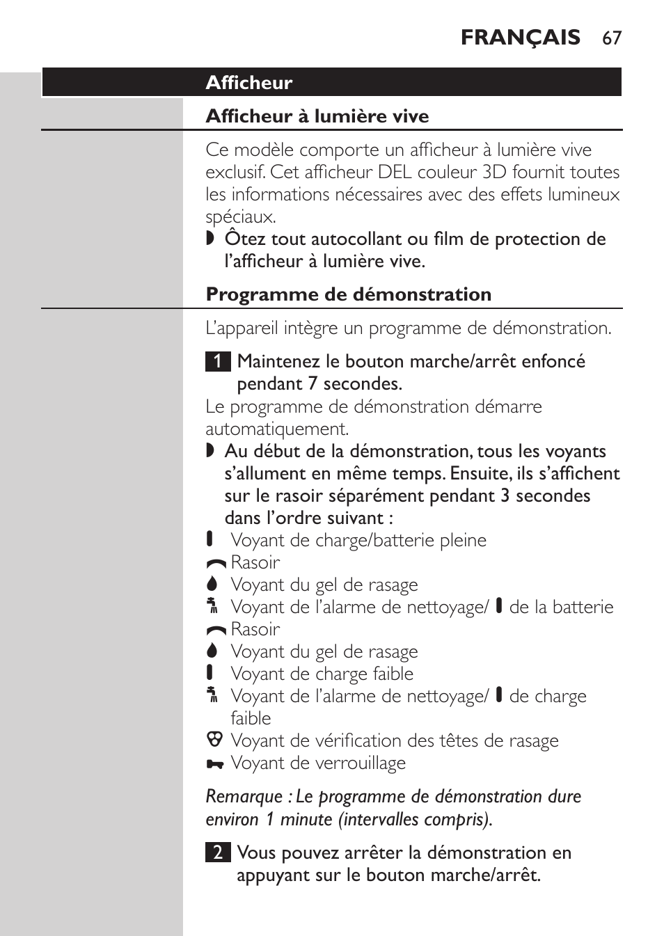 Afficheur, Afficheur à lumière vive, Programme de démonstration | Philips NIVEA FOR MEN Rasierer User Manual | Page 65 / 168