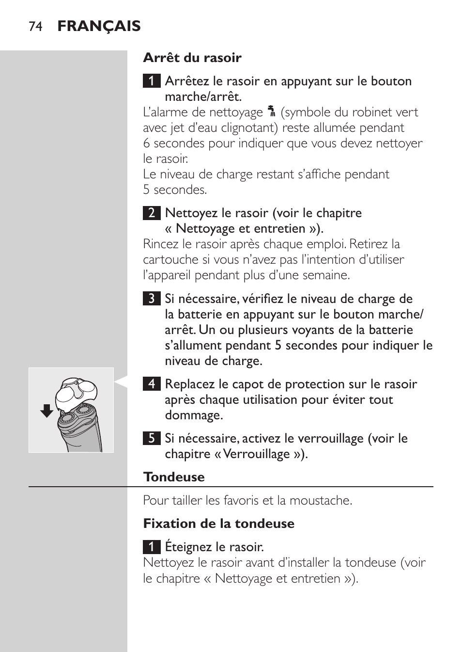 Arrêt du rasoir, Tondeuse, Fixation de la tondeuse | Philips NIVEA FOR MEN Rasierer User Manual | Page 72 / 168