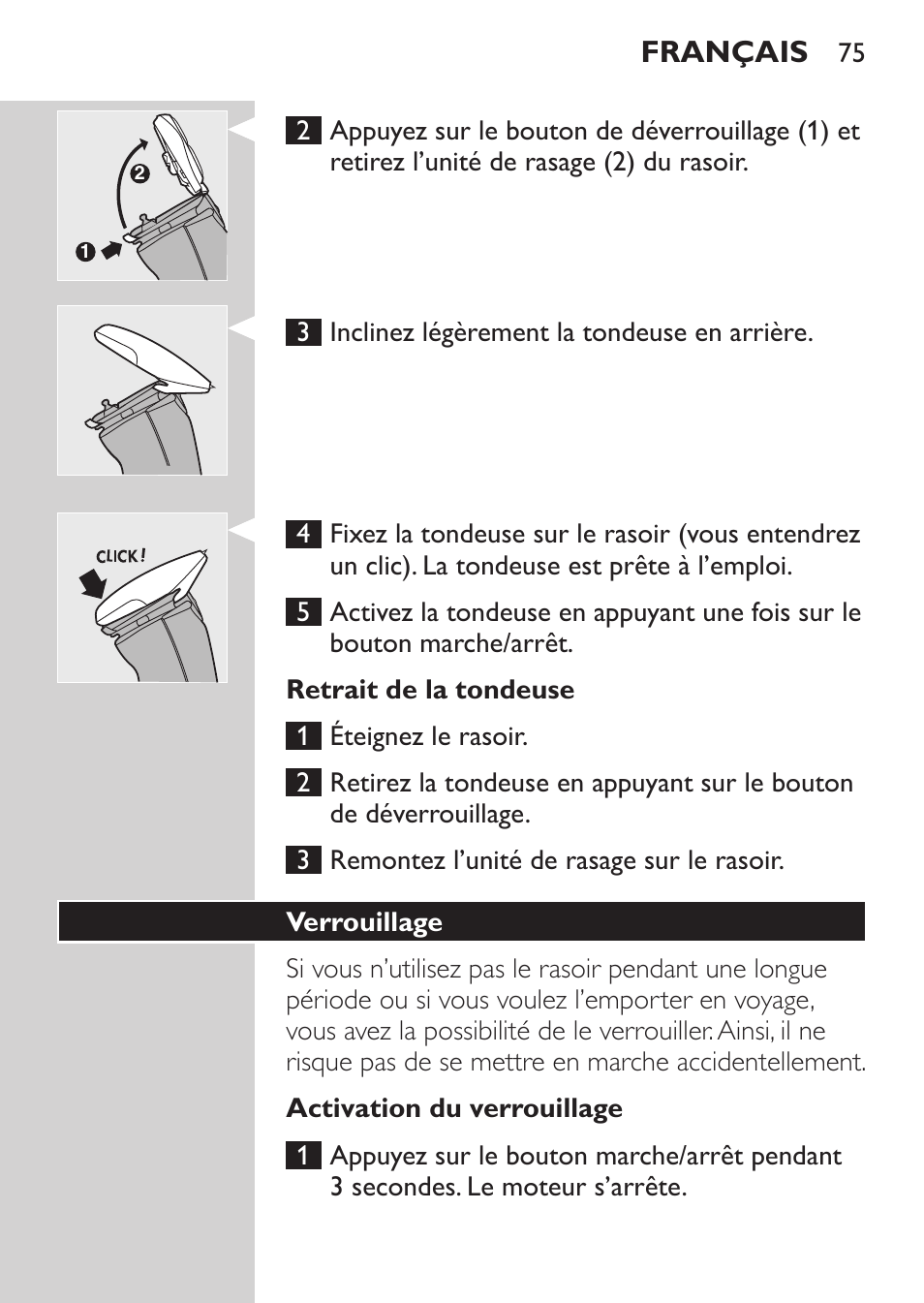Retrait de la tondeuse, Activation du verrouillage, Verrouillage | Français | Philips NIVEA FOR MEN Rasierer User Manual | Page 73 / 168
