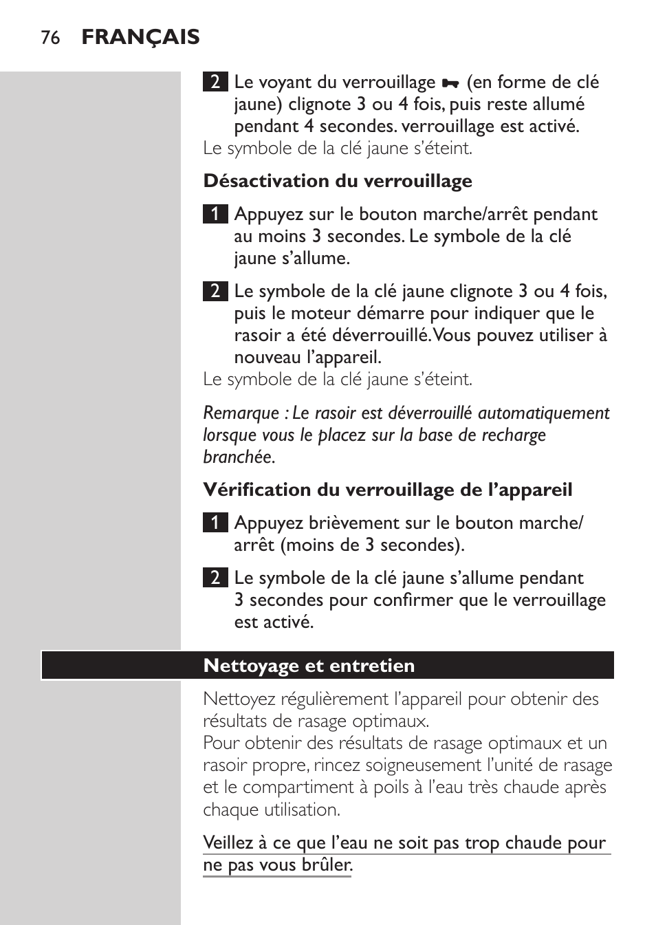 Désactivation du verrouillage, Vérification du verrouillage de l’appareil, Nettoyage et entretien | Philips NIVEA FOR MEN Rasierer User Manual | Page 74 / 168