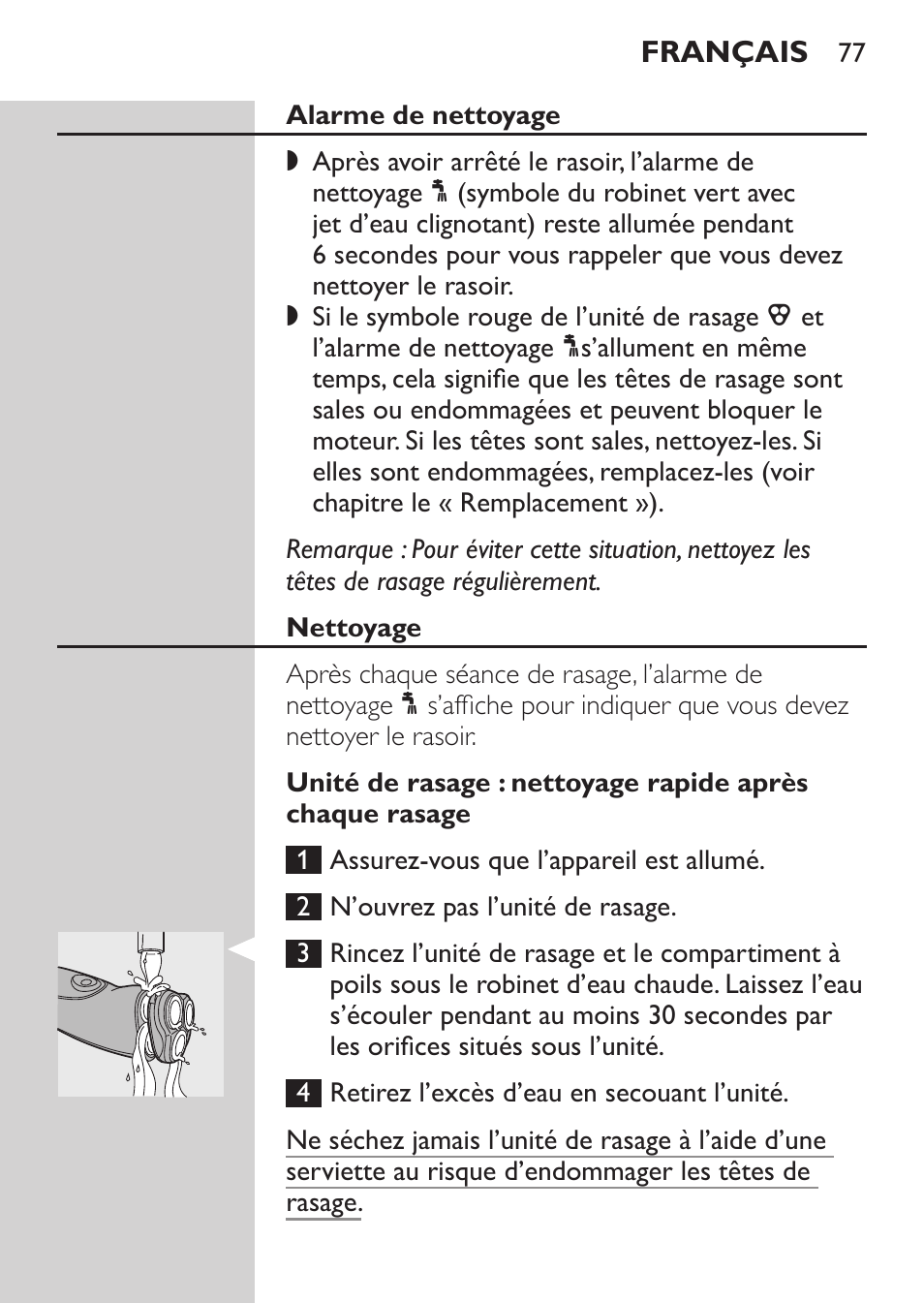 Alarme de nettoyage, Nettoyage | Philips NIVEA FOR MEN Rasierer User Manual | Page 75 / 168