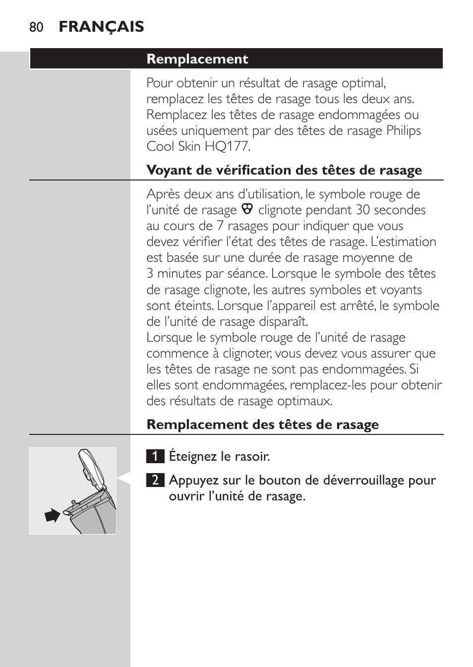 Remplacement, Voyant de vérification des têtes de rasage, Remplacement des têtes de rasage | Philips NIVEA FOR MEN Rasierer User Manual | Page 78 / 168