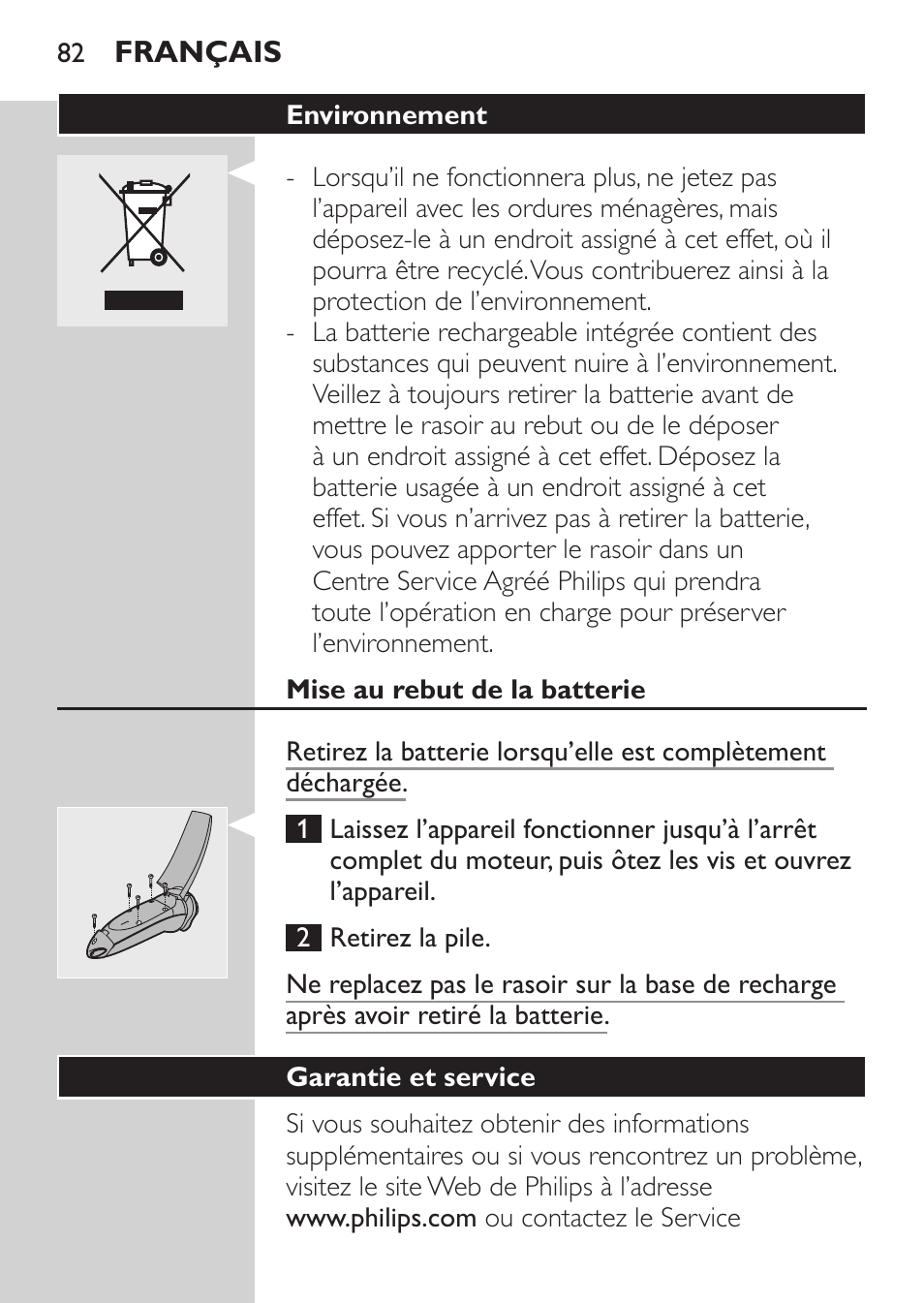 Environnement, Mise au rebut de la batterie, Garantie et service | Philips NIVEA FOR MEN Rasierer User Manual | Page 80 / 168