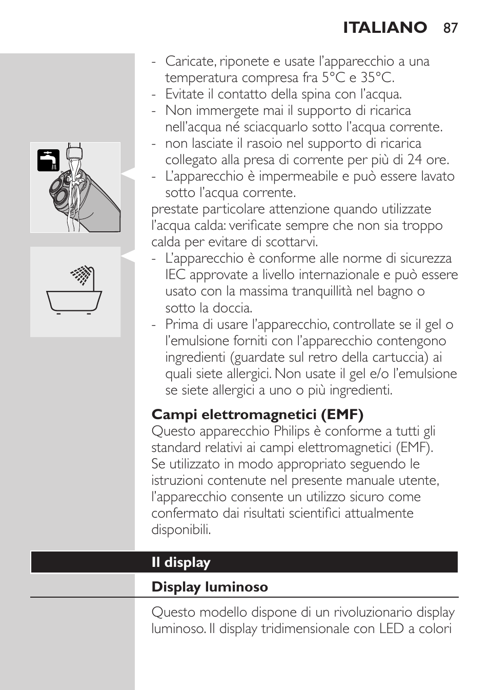 Campi elettromagnetici (emf), Il display, Display luminoso | Philips NIVEA FOR MEN Rasierer User Manual | Page 85 / 168
