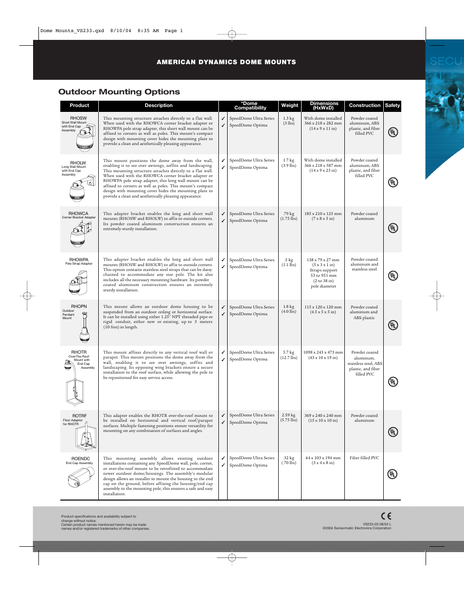 Outdoor mounting options | American Dynamics Tyco Dome Mounts User Manual | Page 4 / 4