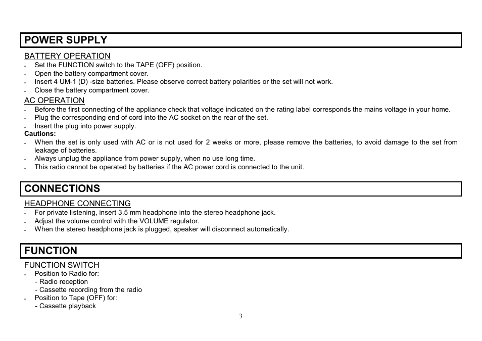 Power supply, Connections, Function | Battery operation, Ac operation, Headphone connecting, Function switch | Hyundai H-1204 User Manual | Page 3 / 13