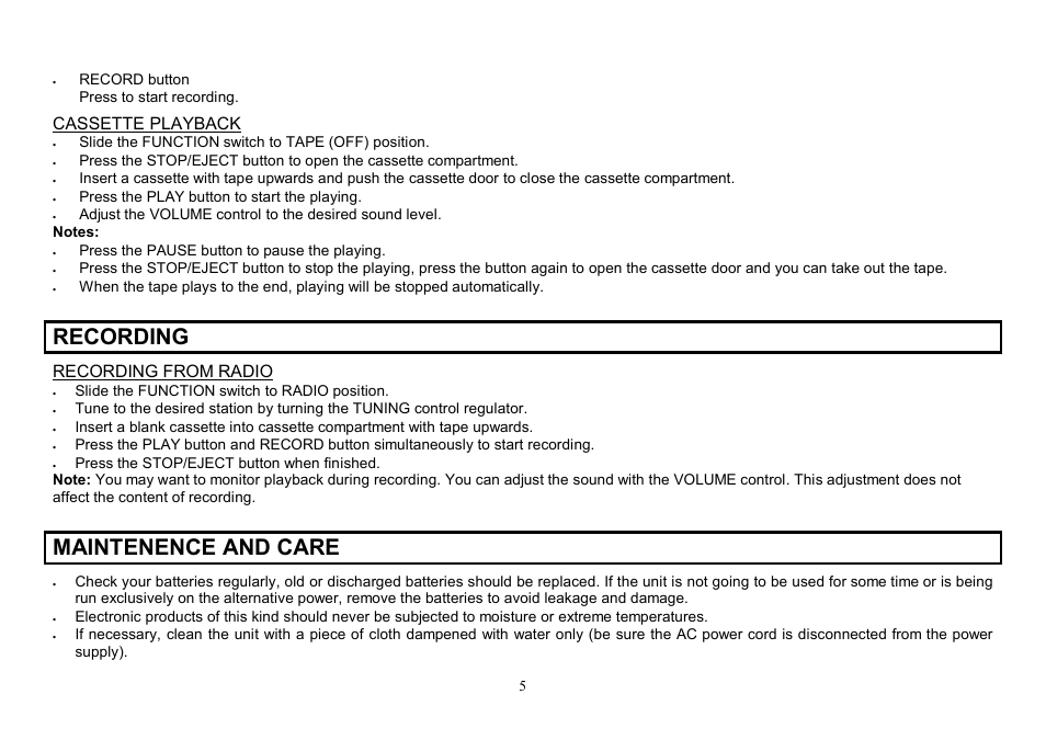 Recording, Maintenence and care, Cassette playback | Recording from radio | Hyundai H-1204 User Manual | Page 5 / 13