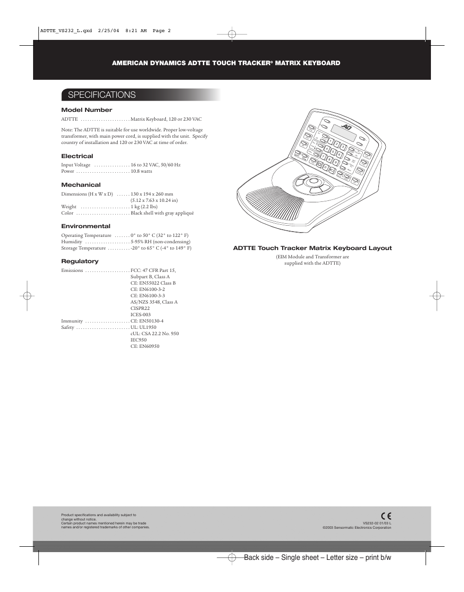 Specifications, Back side – single sheet – letter size – print b/w, American dynamics adtte touch tracker | Matrix keyboard, Model number, Electrical, Mechanical, Environmental, Regulatory, Adtte touch tracker matrix keyboard layout | American Dynamics Tyco ADTTE User Manual | Page 2 / 2