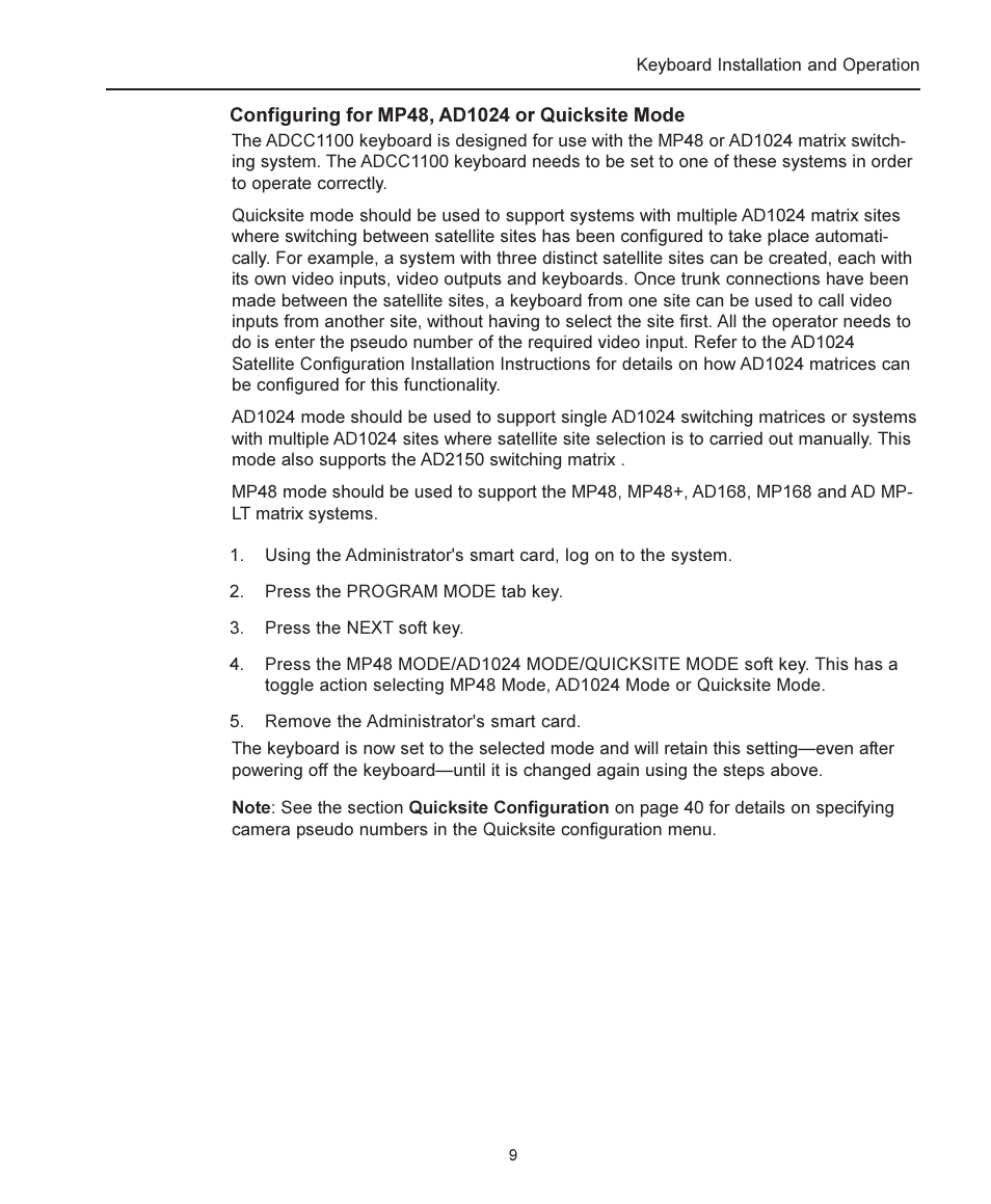 Configuring for mp48, ad1024 or quicksite mode | American Dynamics ADCC1100 User Manual | Page 15 / 60