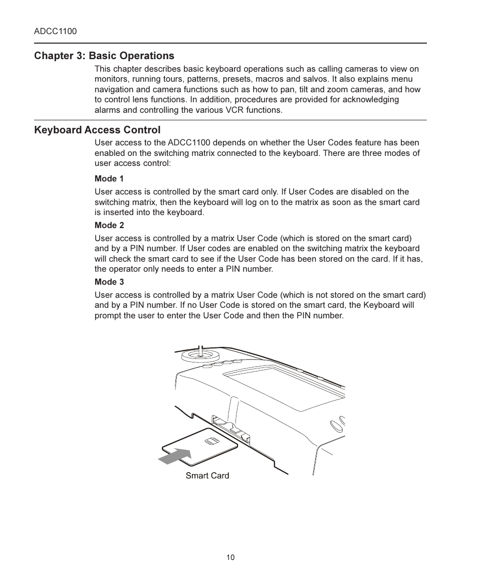 Chapter 3: basic operations, Keyboard access control | American Dynamics ADCC1100 User Manual | Page 16 / 60