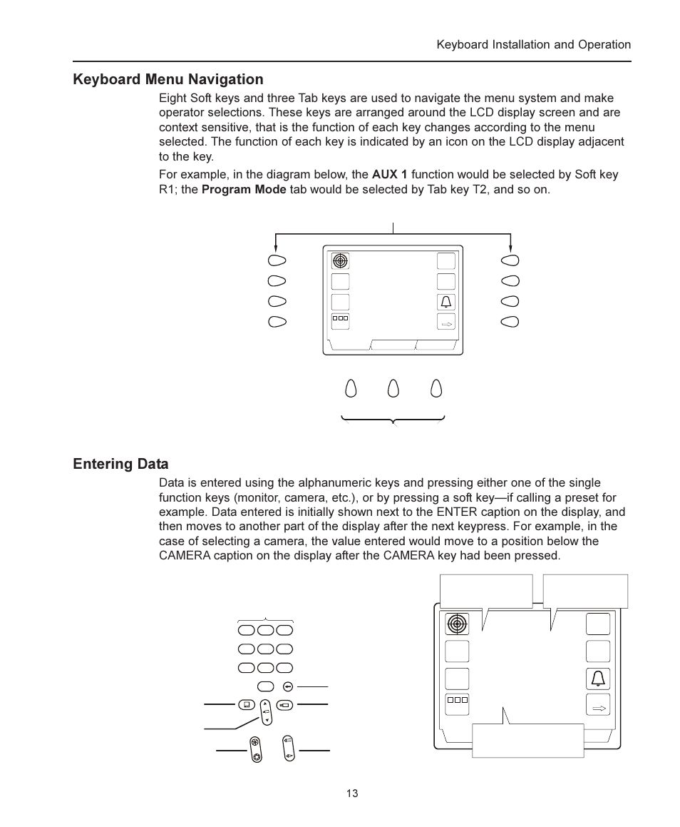 Keyboard menu navigation, Entering data, Keyboard installation and operation | Focus far/near open/close iris monitor, Monitor camera | American Dynamics ADCC1100 User Manual | Page 19 / 60
