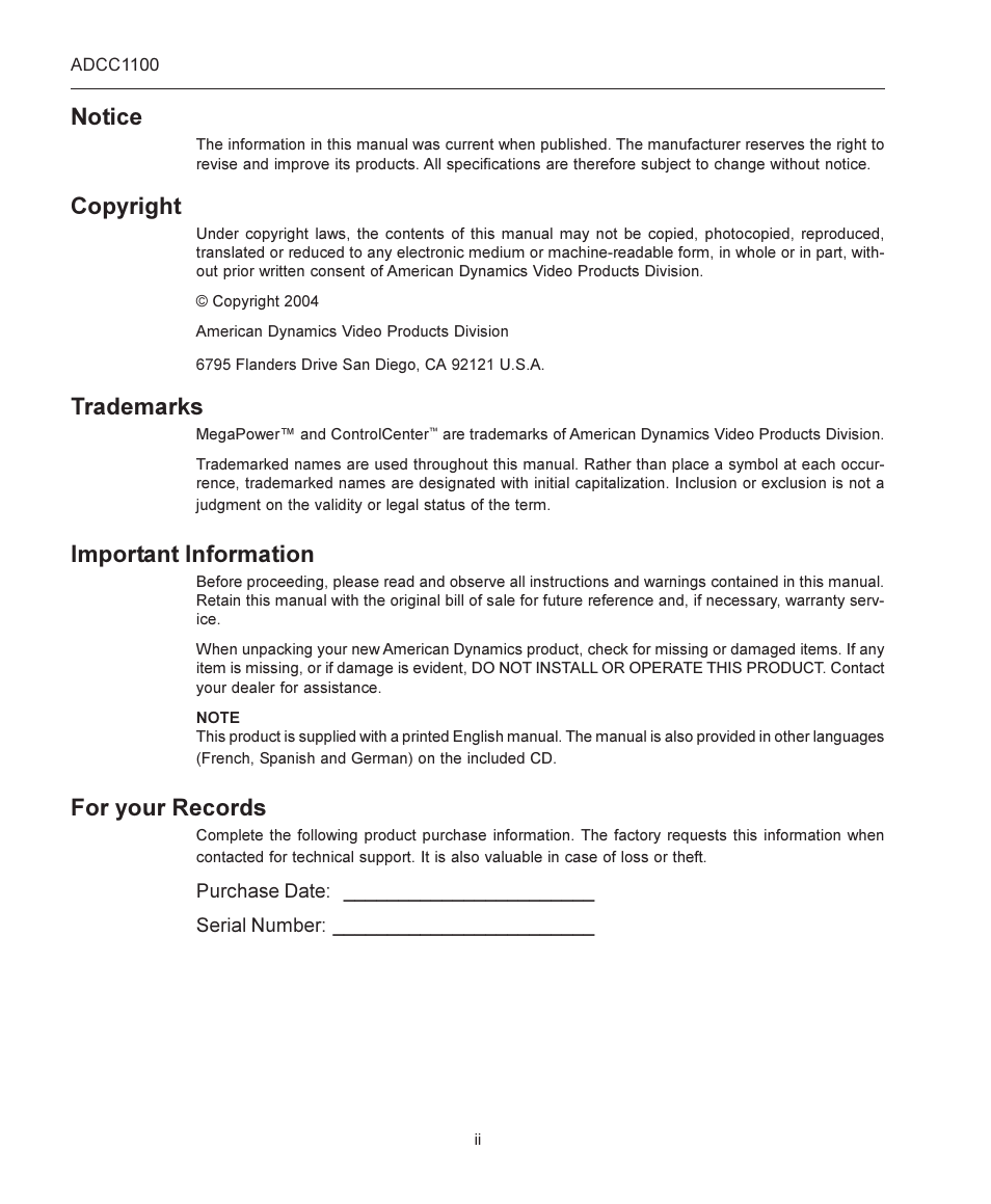 Notice, Copyright, Trademarks | Important information, For your records | American Dynamics ADCC1100 User Manual | Page 2 / 60