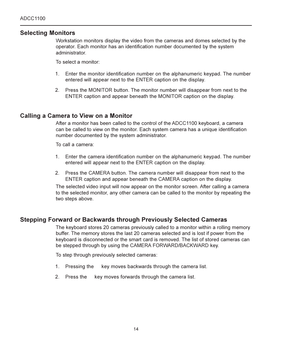 Selecting monitors, Calling a camera to view on a monitor | American Dynamics ADCC1100 User Manual | Page 20 / 60