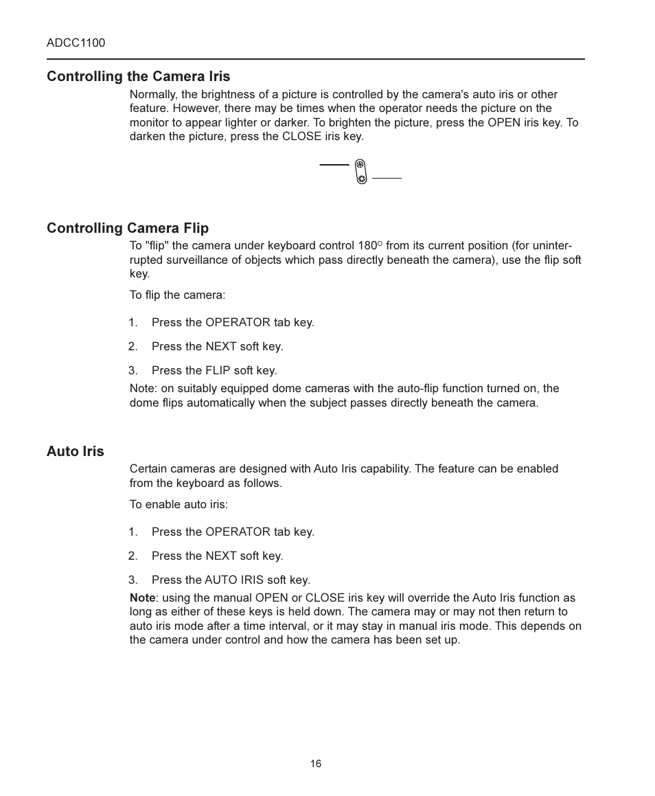 Controlling the camera iris, Controlling camera flip, Auto iris | American Dynamics ADCC1100 User Manual | Page 22 / 60