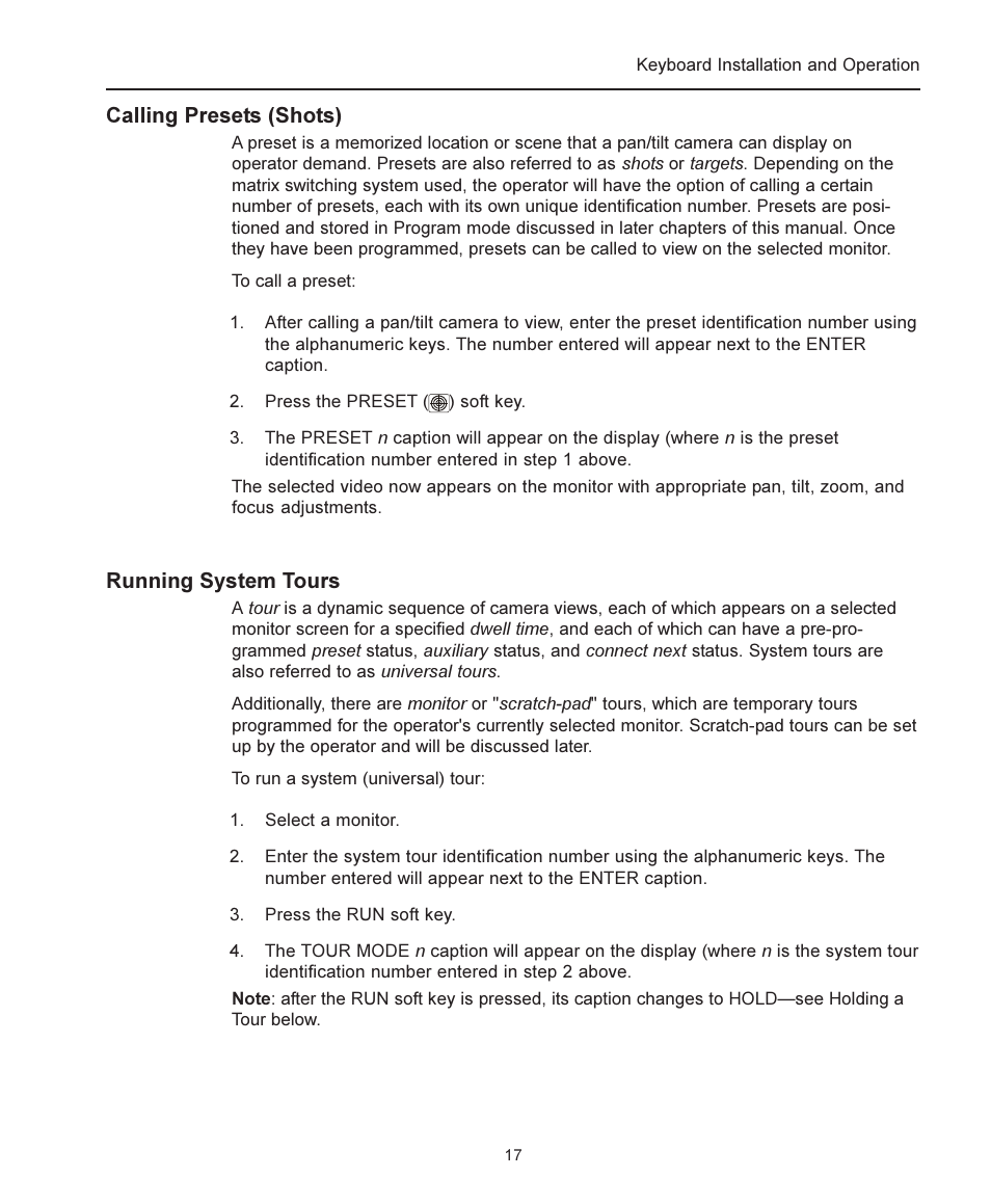 Calling presets (shots), Running system tours | American Dynamics ADCC1100 User Manual | Page 23 / 60