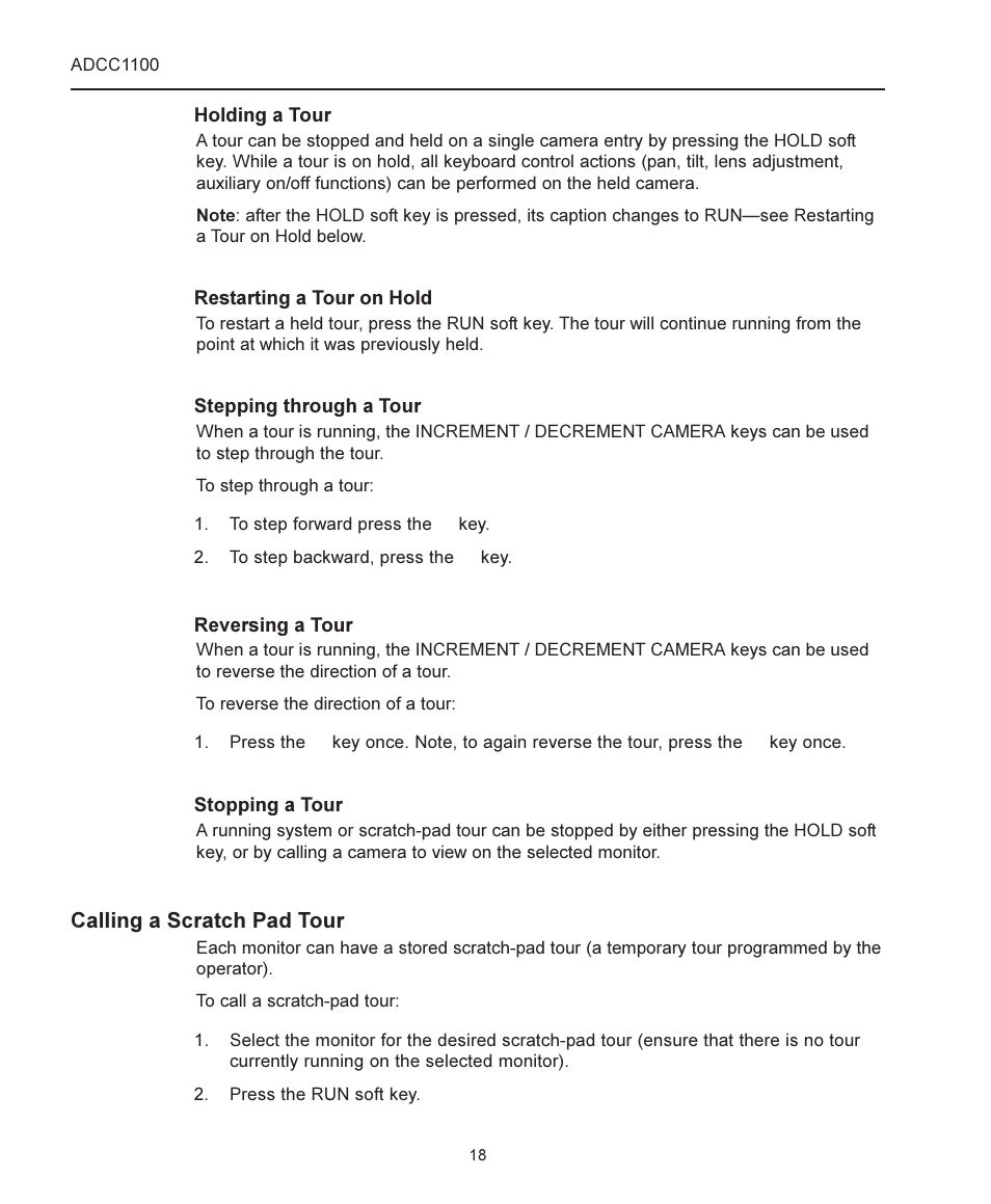 Holding a tour, Restarting a tour on hold, Stepping through a tour | Reversing a tour, Stopping a tour, Calling a scratch pad tour | American Dynamics ADCC1100 User Manual | Page 24 / 60