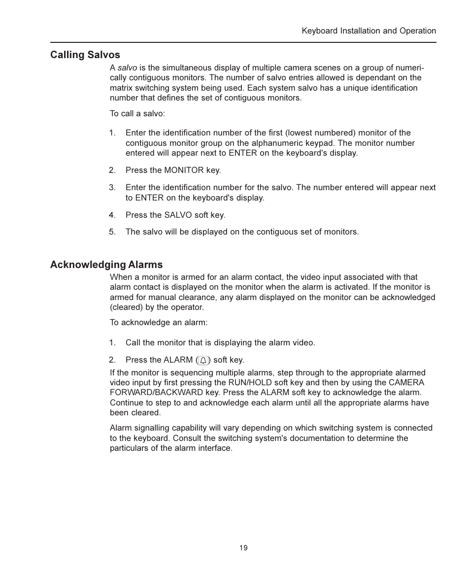 Calling salvos, Acknowledging alarms | American Dynamics ADCC1100 User Manual | Page 25 / 60