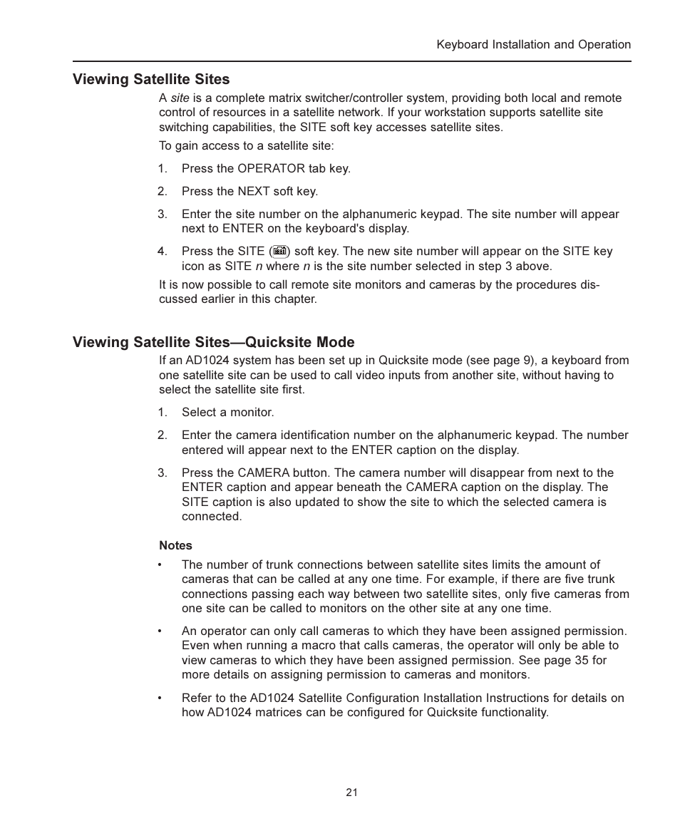 Viewing satellite sites, Viewing satellite sitesquicksite mode | American Dynamics ADCC1100 User Manual | Page 27 / 60