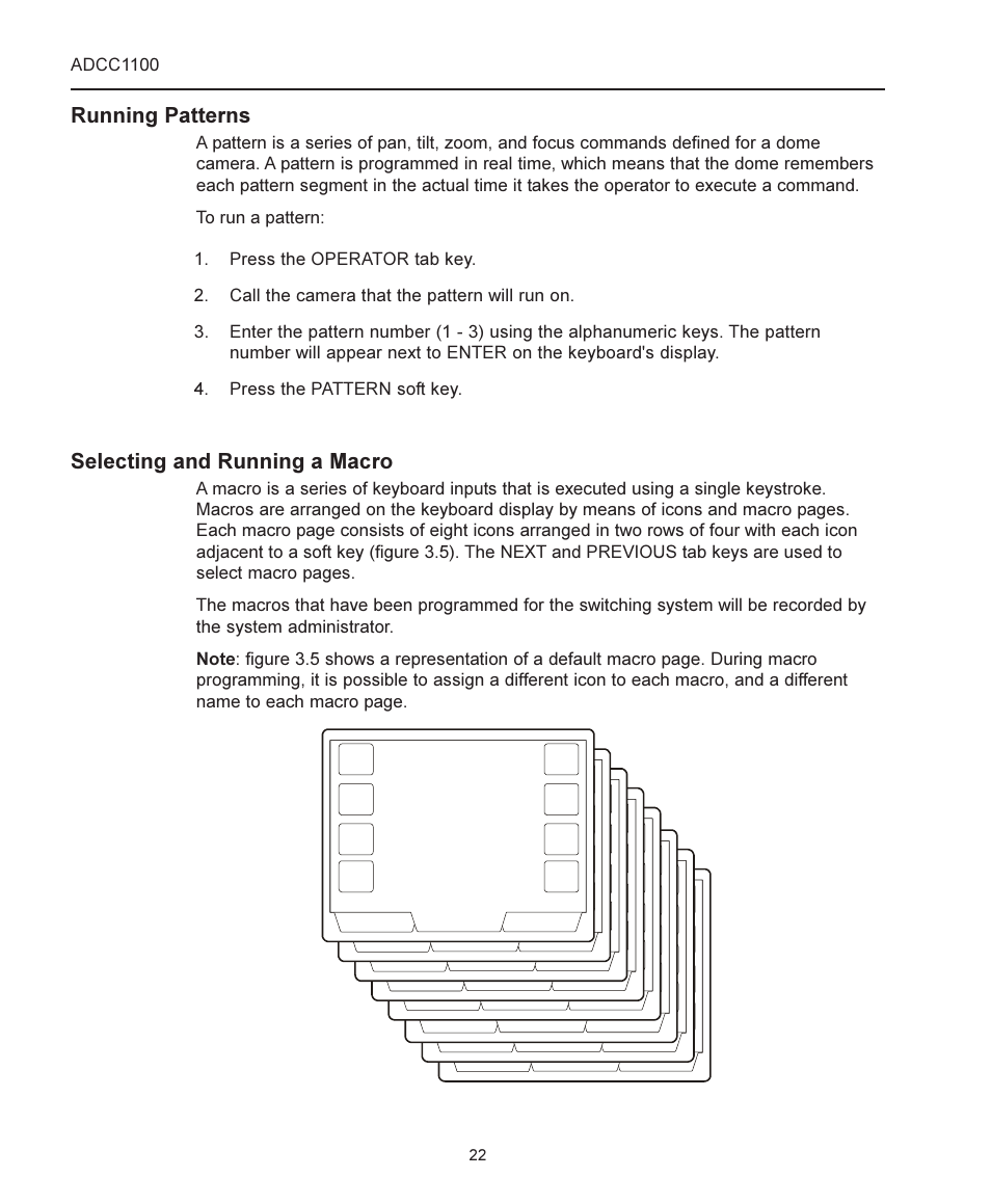 Running patterns, Selecting and running a macro, Adcc1100 | Monitor camera, Figure 3.5: macro pages | American Dynamics ADCC1100 User Manual | Page 28 / 60