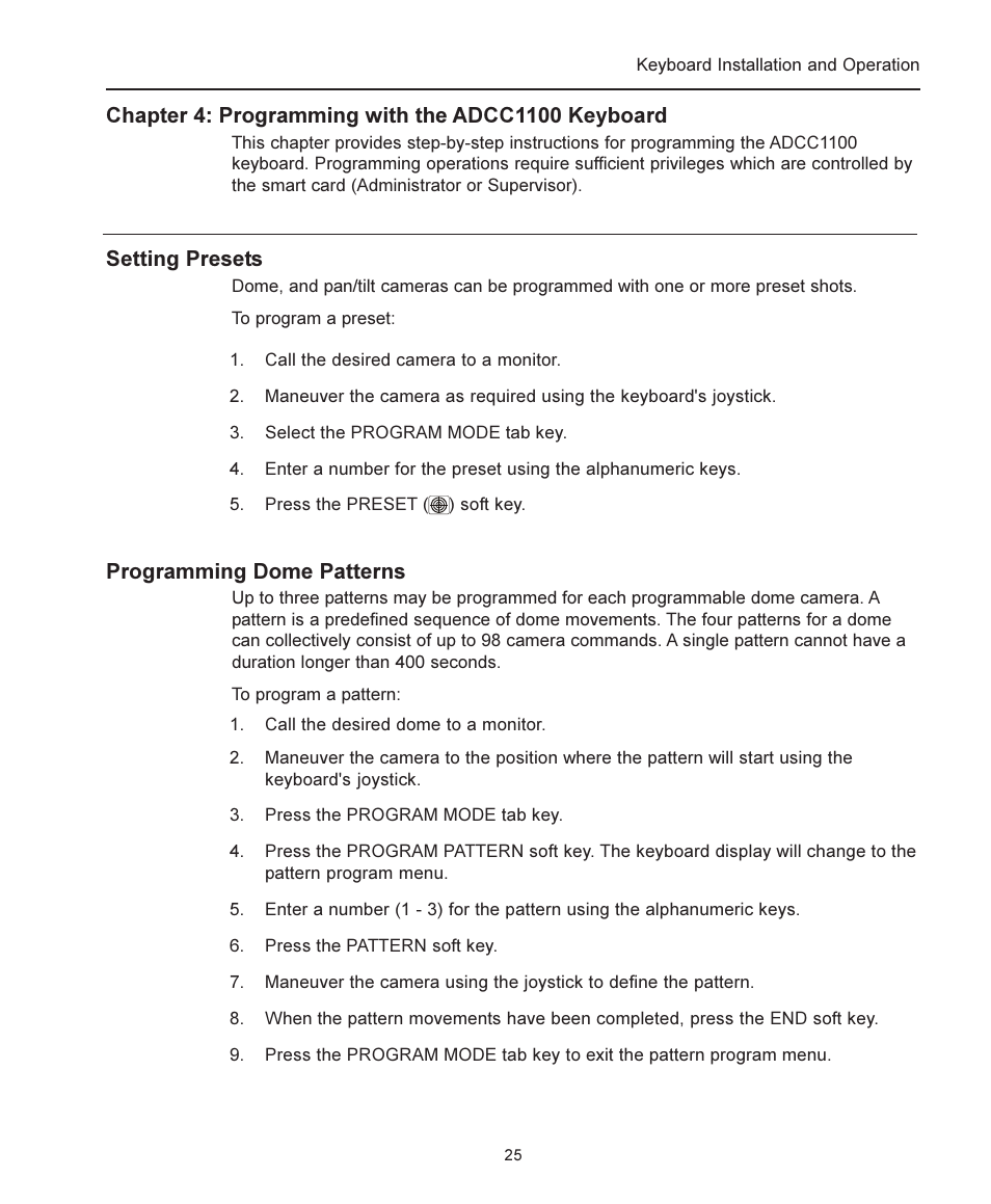 Chapter 4: programming with the adcc1100 keyboard, Setting presets, Programming dome patterns | American Dynamics ADCC1100 User Manual | Page 31 / 60