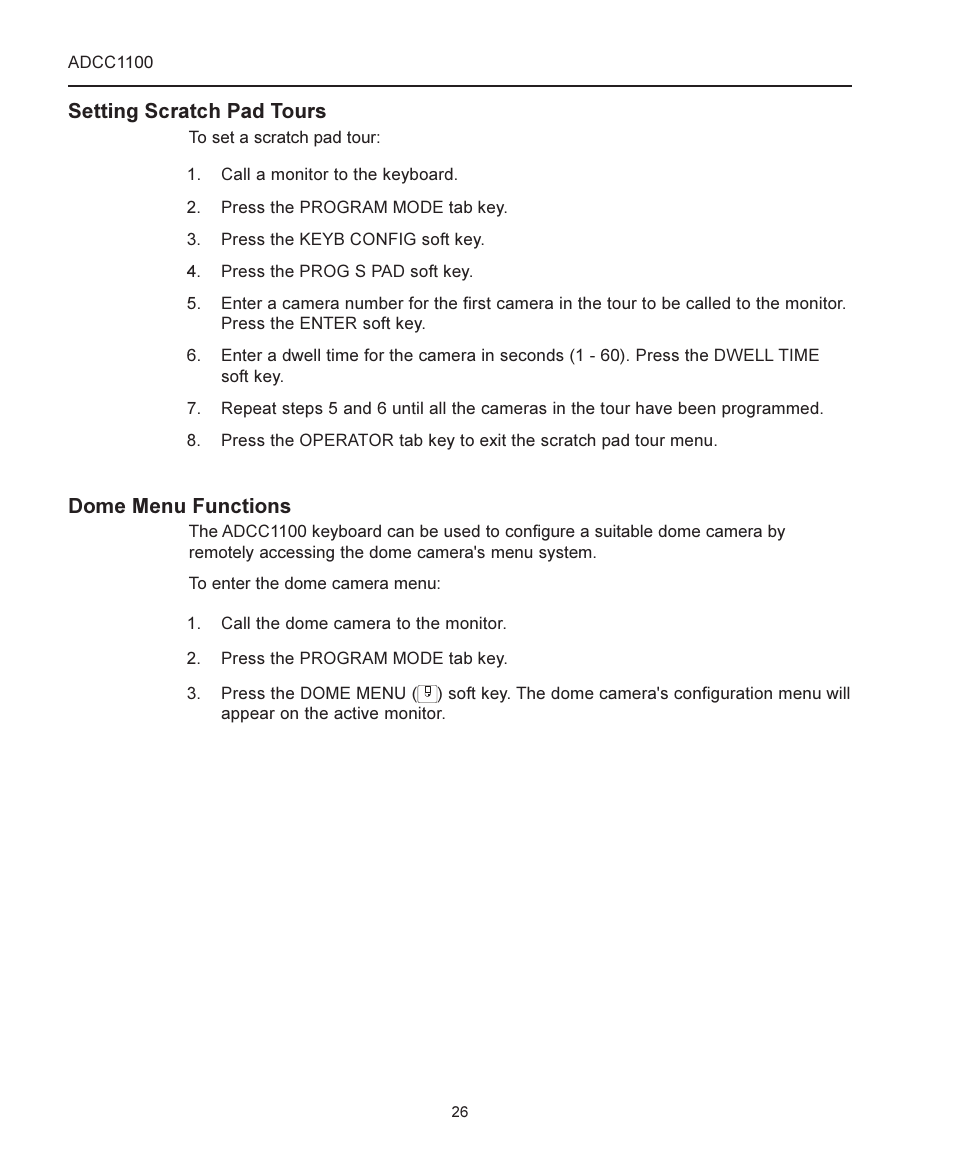 Setting scratch pad tours, Dome menu functions | American Dynamics ADCC1100 User Manual | Page 32 / 60