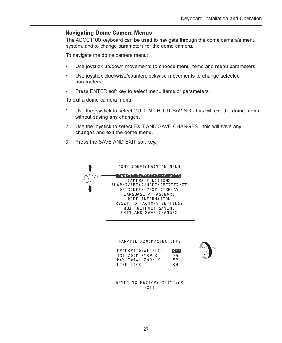 Dome menu functions, Navigating dome camera menus | American Dynamics ADCC1100 User Manual | Page 33 / 60