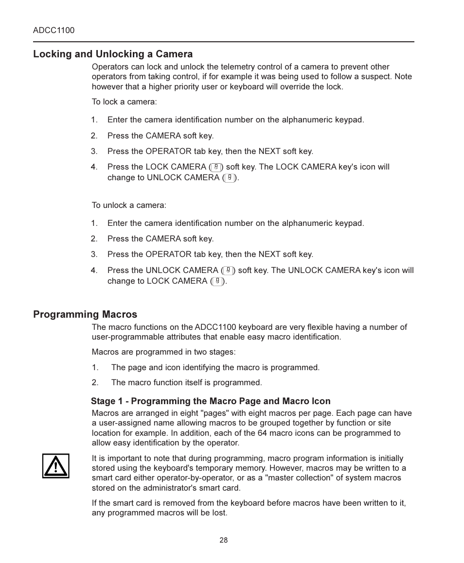 Locking and unlocking a camera, Programming macros | American Dynamics ADCC1100 User Manual | Page 34 / 60