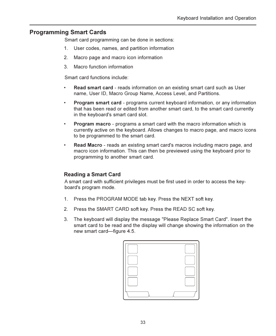 Programming smart cards, Reading a smart card, Keyboard installation and operation | American Dynamics ADCC1100 User Manual | Page 39 / 60