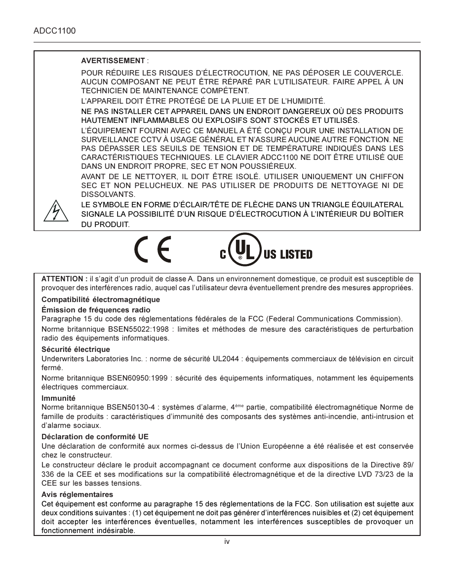 American Dynamics ADCC1100 User Manual | Page 4 / 60