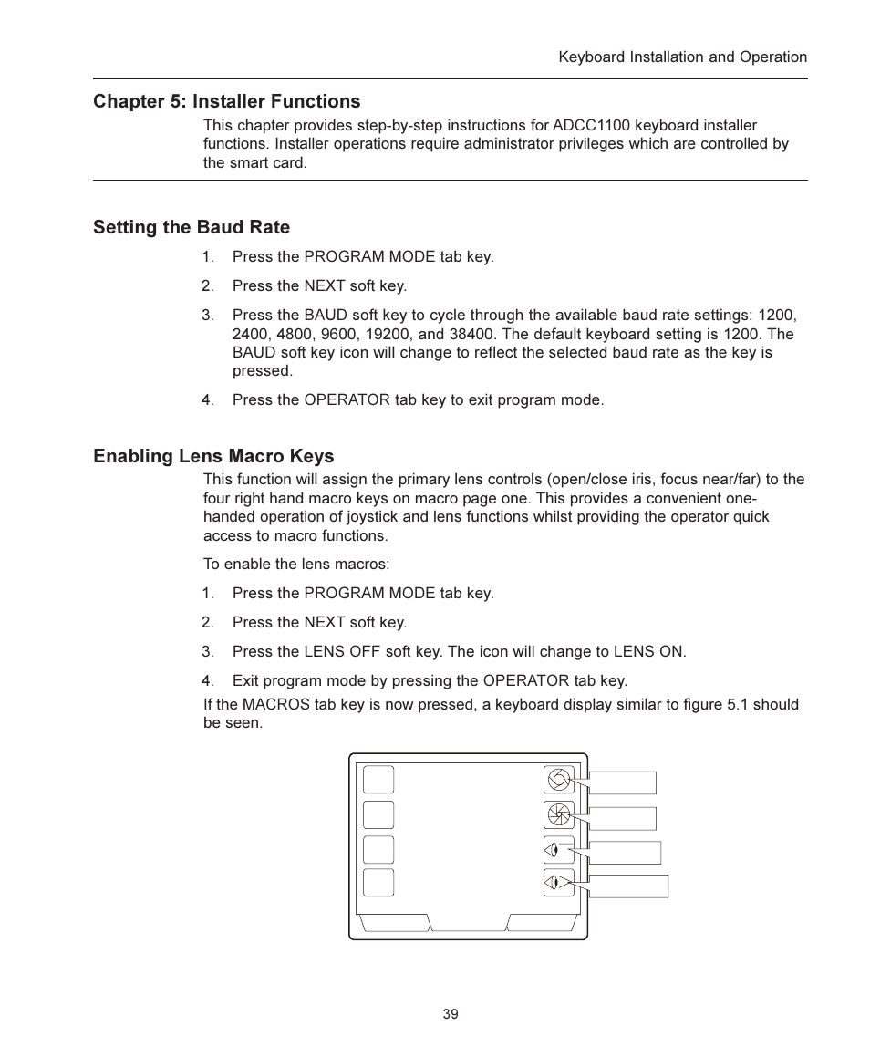 Chapter 5: installer functions, Setting the baud rate, Enabling lens macro keys | American Dynamics ADCC1100 User Manual | Page 45 / 60