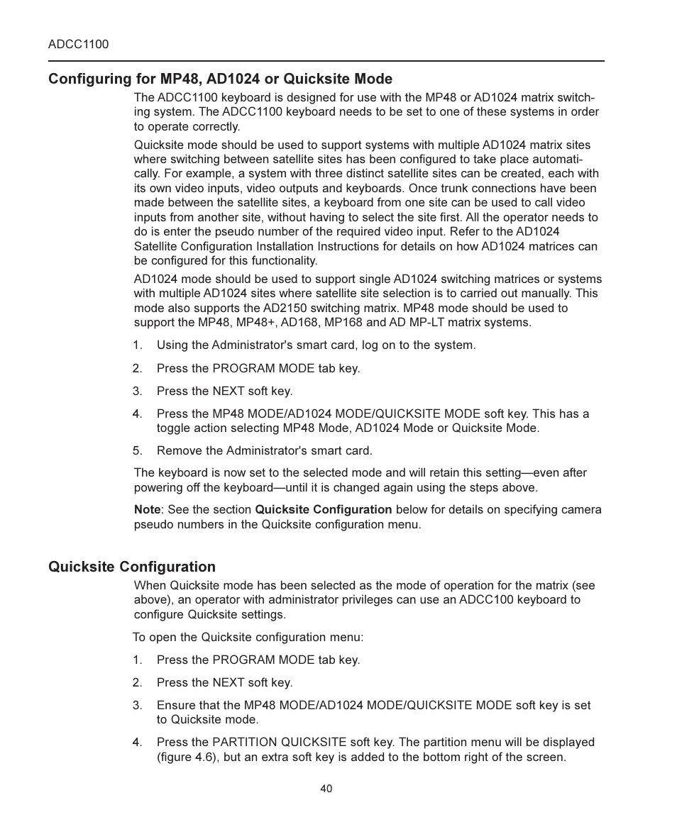 Configuring for mp48, ad1024 or quicksite mode, Quicksite configuration | American Dynamics ADCC1100 User Manual | Page 46 / 60