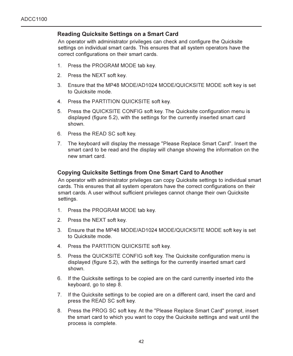 Reading quicksite settings on a smart card | American Dynamics ADCC1100 User Manual | Page 48 / 60