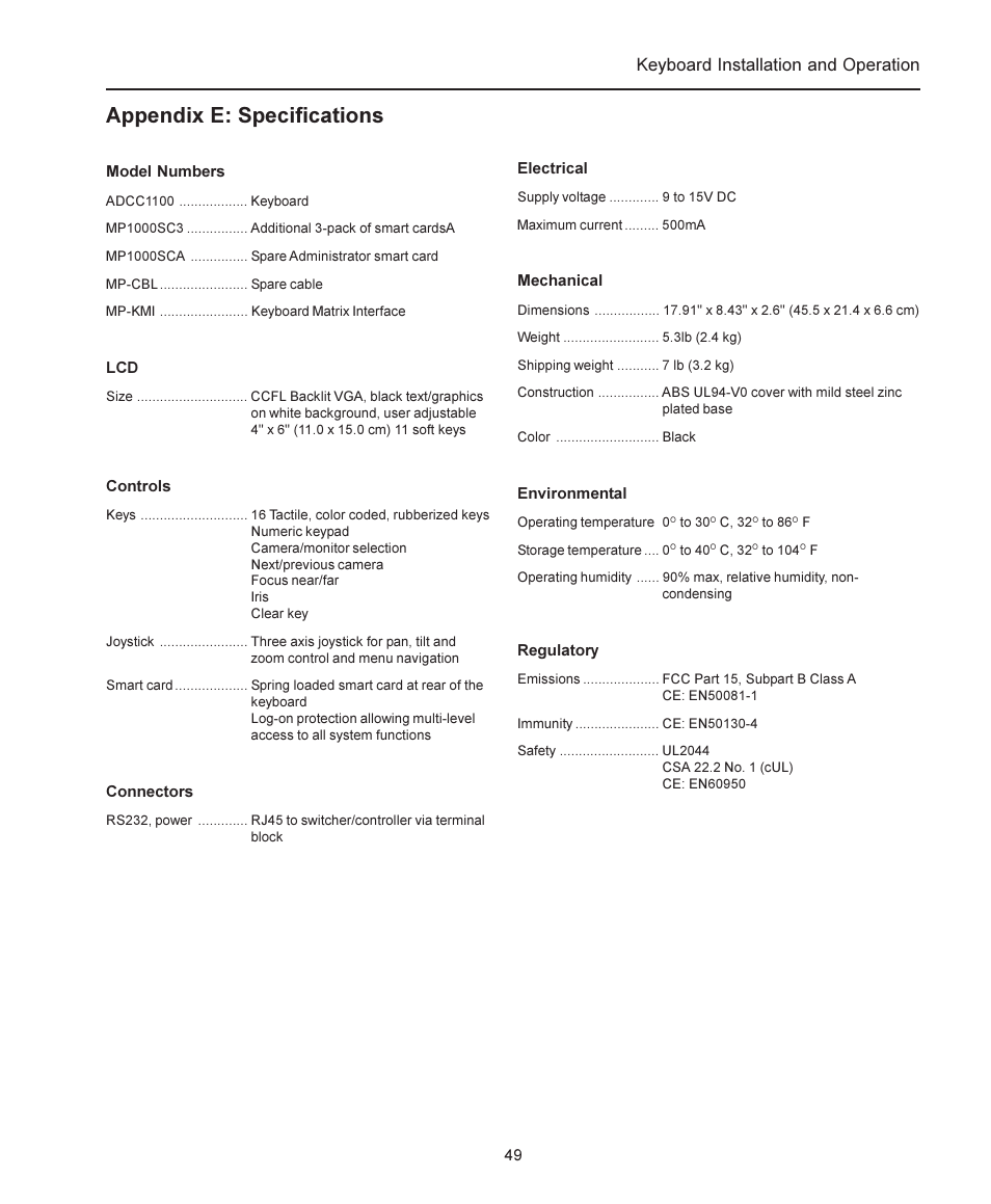 Appendix e: specifications, Keyboard installation and operation | American Dynamics ADCC1100 User Manual | Page 55 / 60