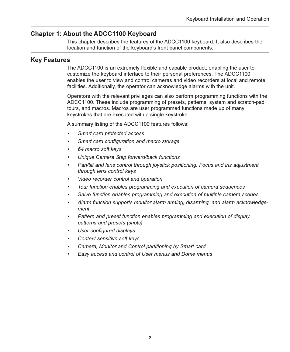 Chapter 1: about the adcc1100 keyboard, Key features | American Dynamics ADCC1100 User Manual | Page 9 / 60