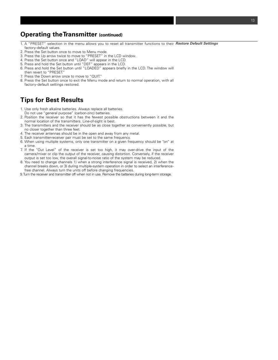 Operating thetransmitter, Tips for best results | Audio-Technica ATW-1811 User Manual | Page 13 / 16