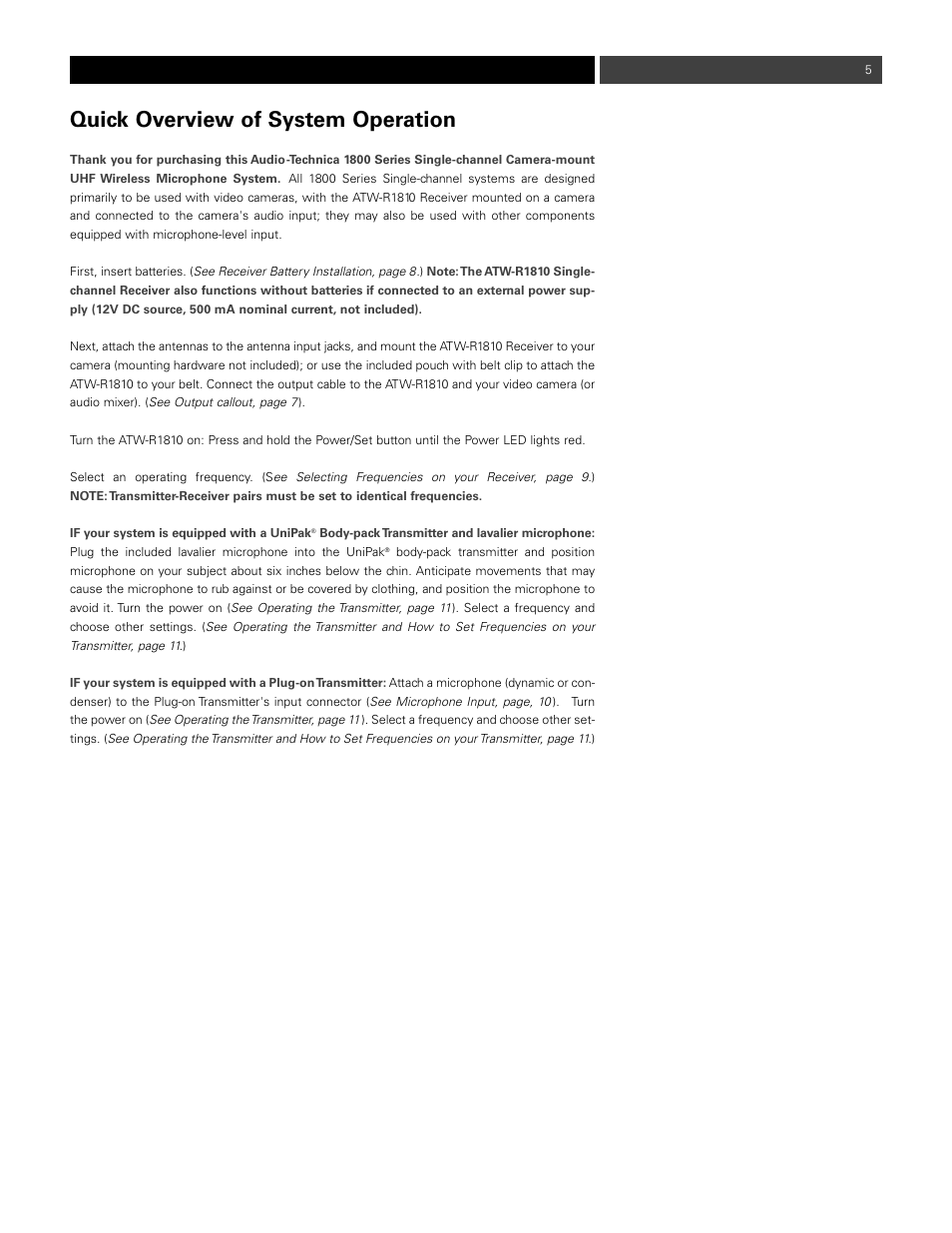 Quick overview of system operation | Audio-Technica ATW-1811 User Manual | Page 5 / 16