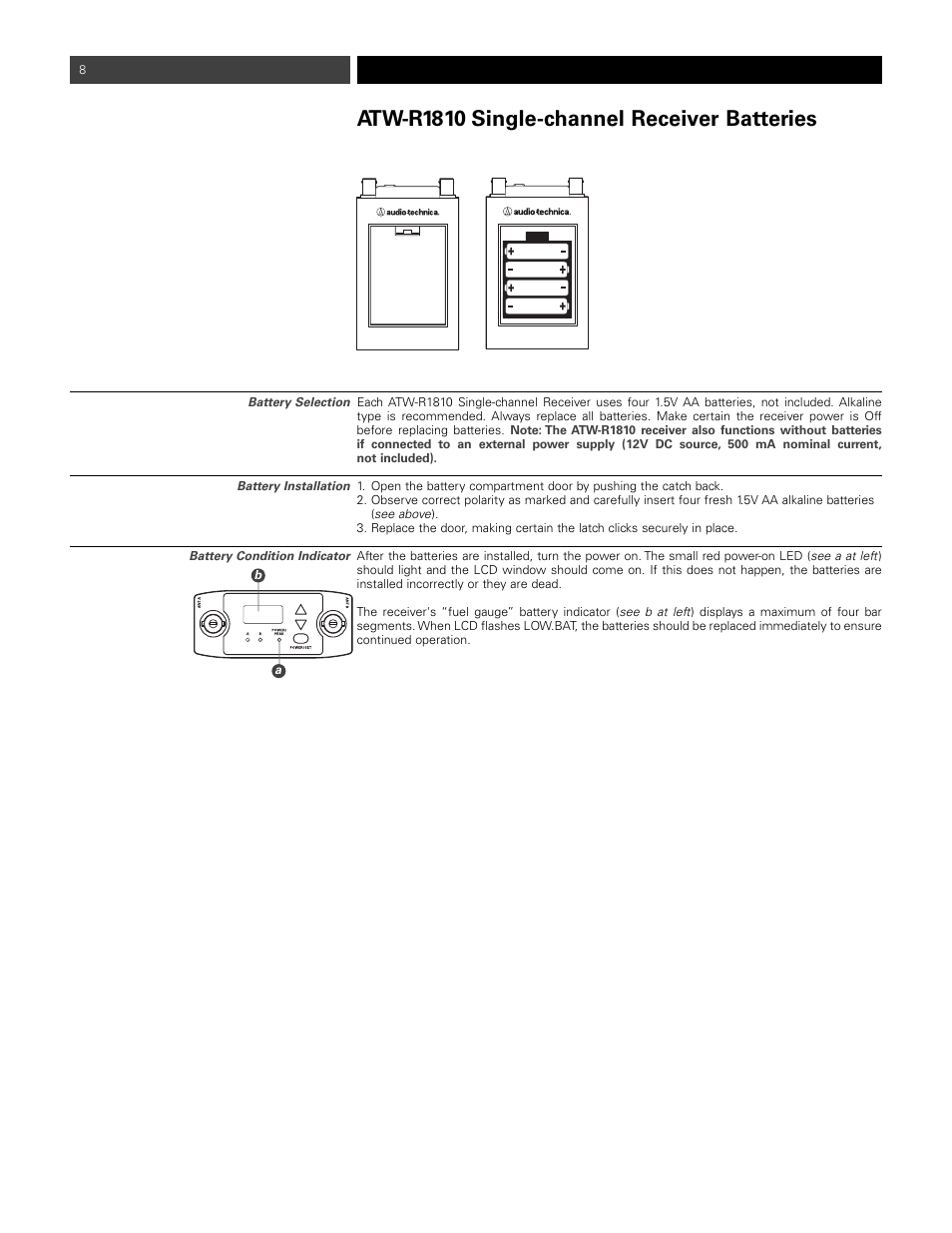 Atw-r1810 single-channel receiver batteries | Audio-Technica ATW-1811 User Manual | Page 8 / 16