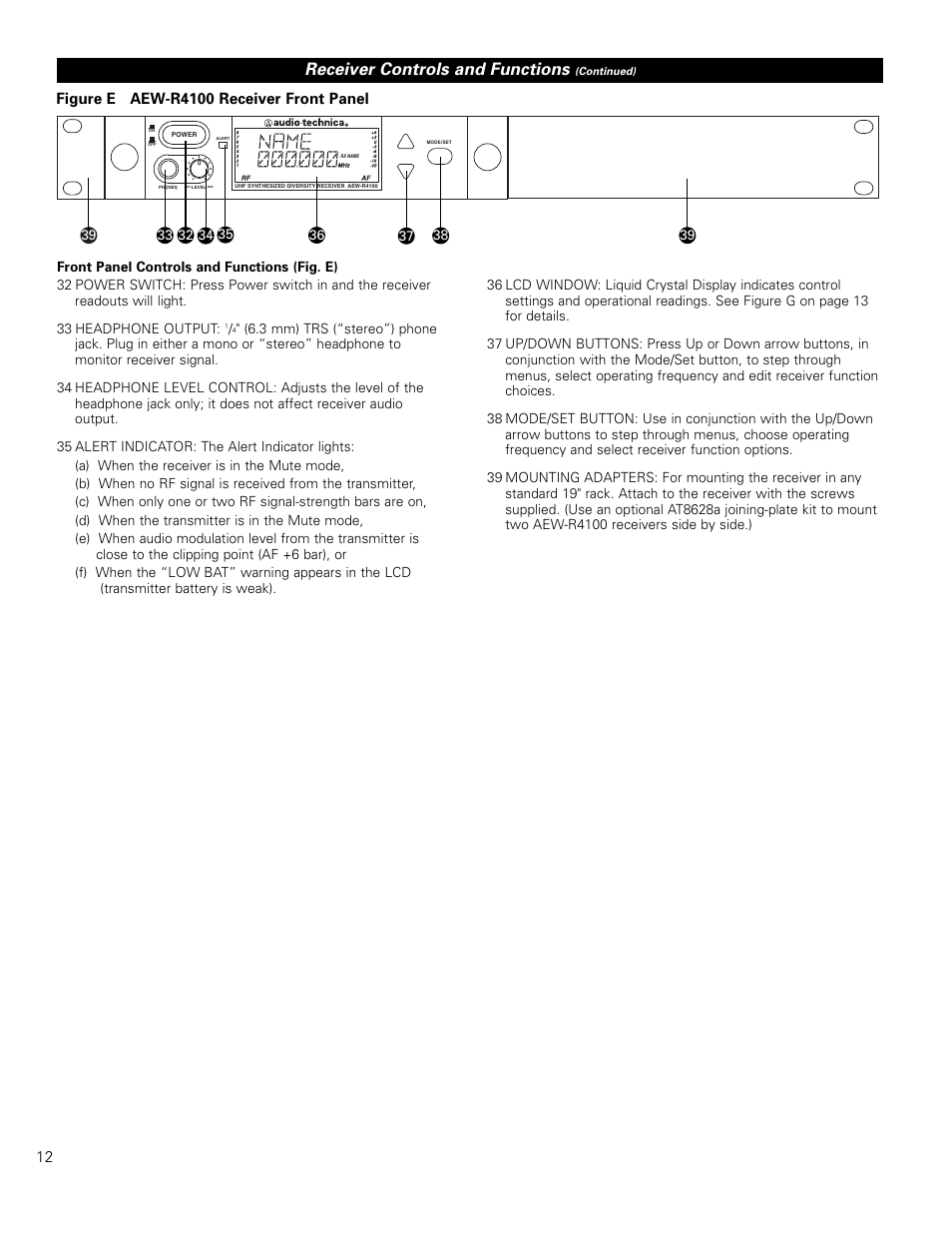 Receiver controls and functions, Figure e aew-r4100 receiver front panel | Audio-Technica ARTIST ELITE 4000 User Manual | Page 11 / 31