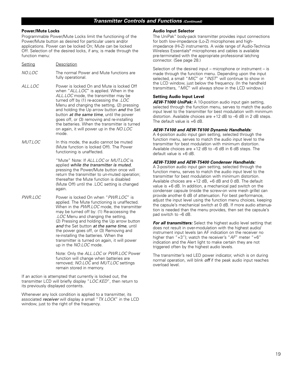 Transmitter controls and functions | Audio-Technica ARTIST ELITE 4000 User Manual | Page 18 / 31