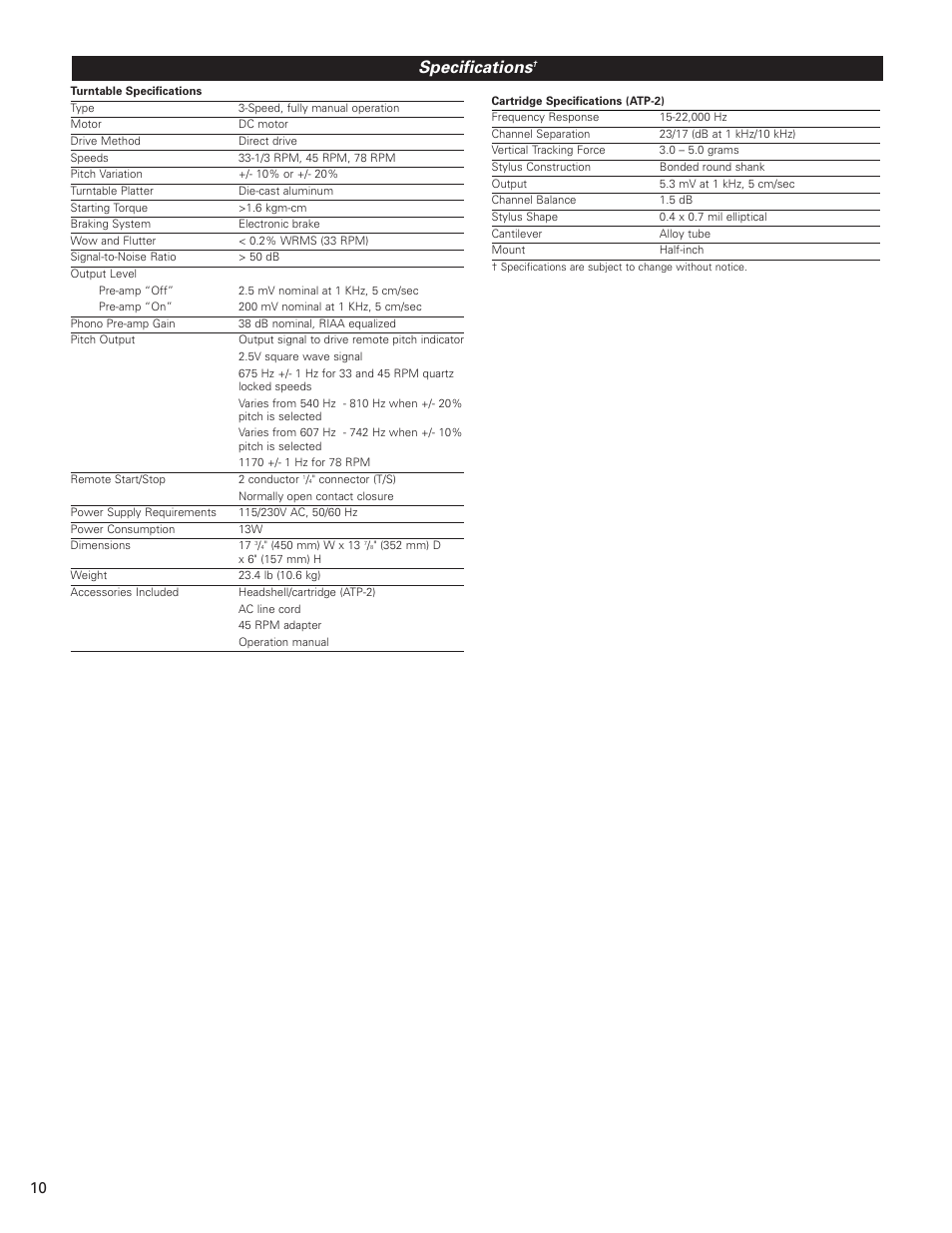 Specifications | Audio-Technica AT-PL120 User Manual | Page 10 / 11