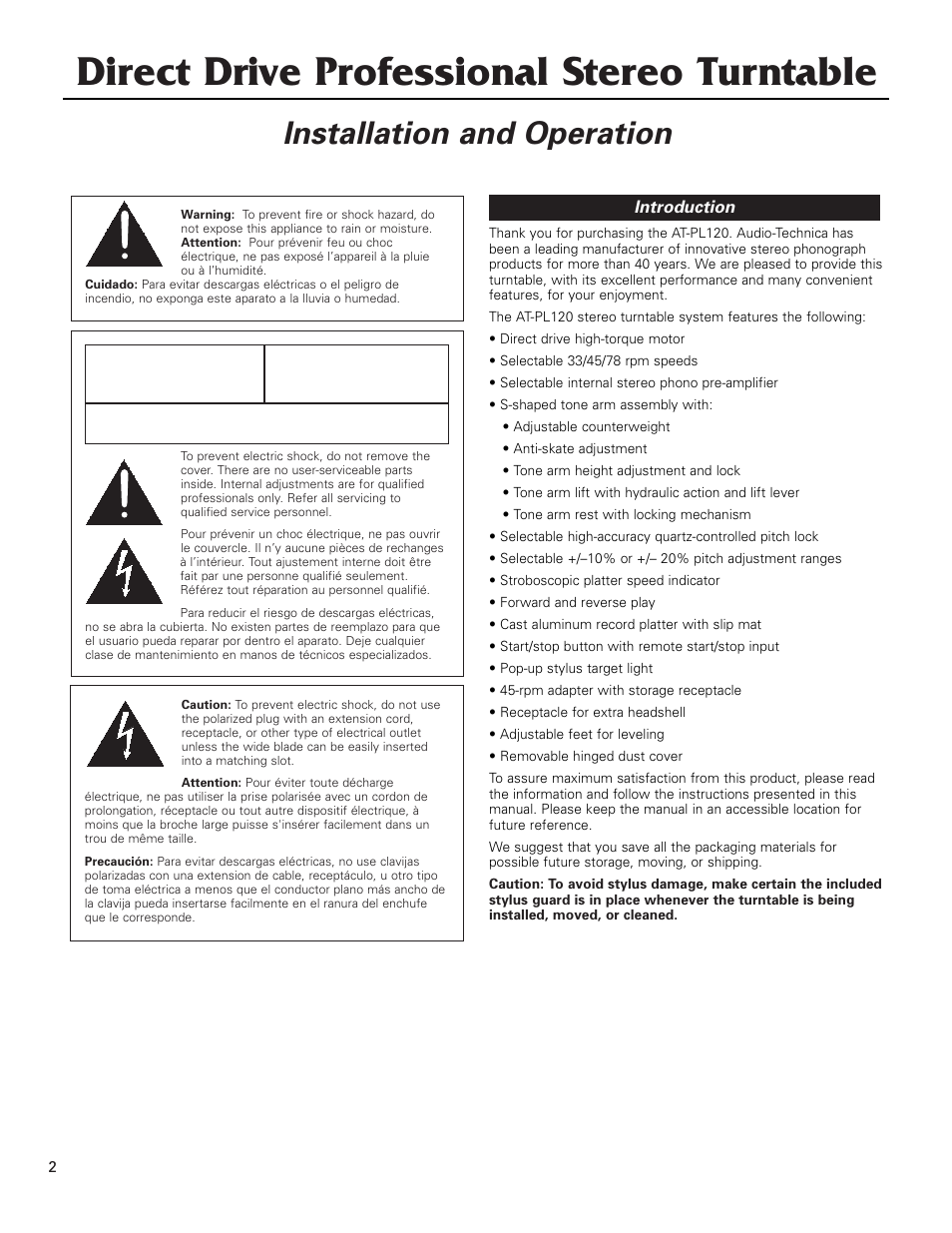 Direct drive professional stereo turntable, Installation and operation | Audio-Technica AT-PL120 User Manual | Page 2 / 11
