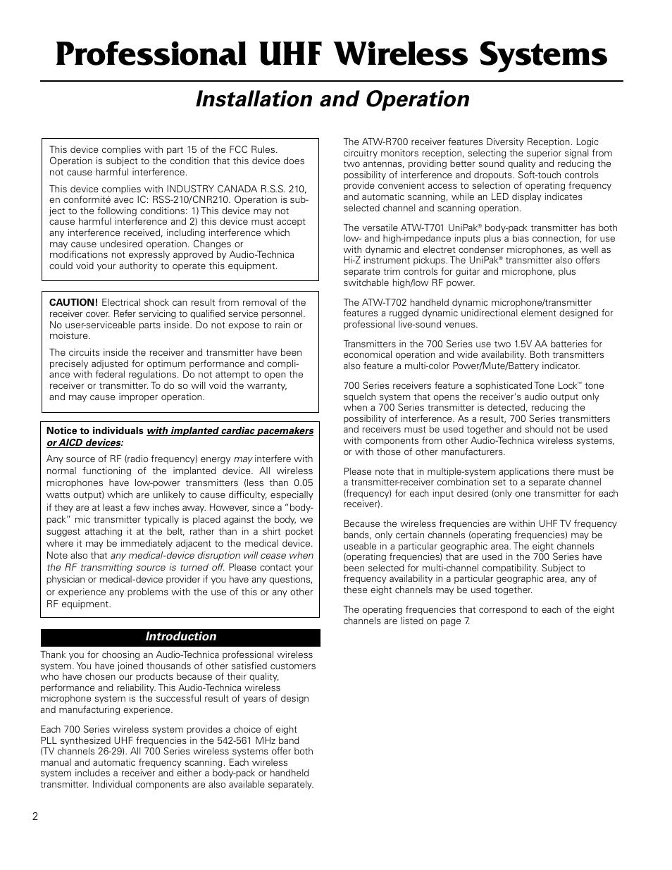 Professional uhf wireless systems, Installation and operation | Audio-Technica FREEWAY ATW-701/H User Manual | Page 2 / 8