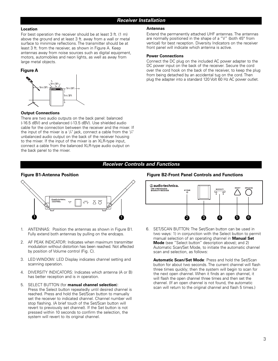 Receiver installation, Receiver controls and functions | Audio-Technica FREEWAY ATW-701/H User Manual | Page 3 / 8