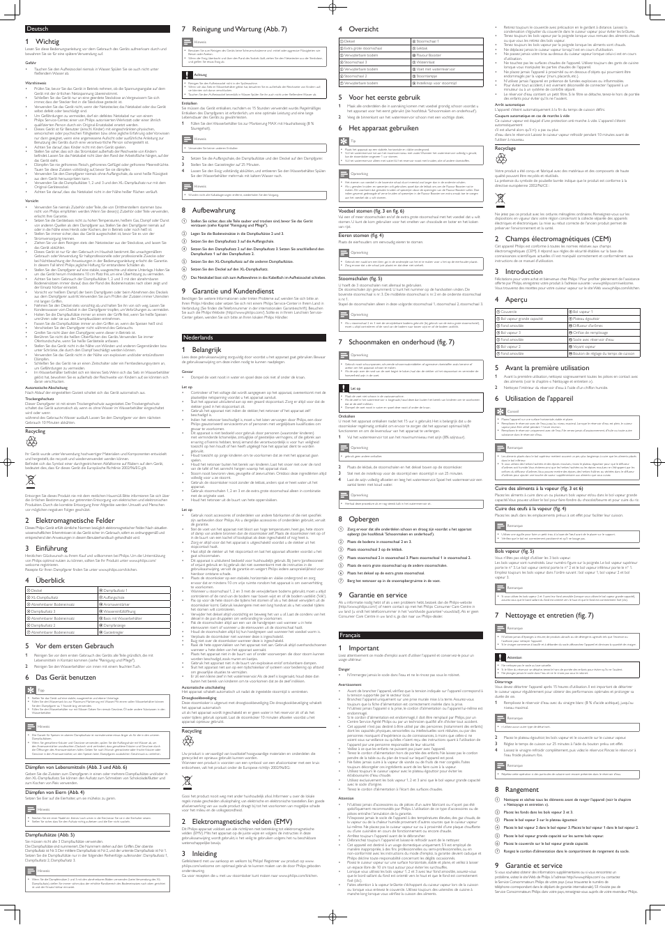 7 reinigung und wartung (abb. 7), 8 aufbewahrung, 9 garantie und kundendienst | 1 wichtig, 2 elektromagnetische felder, 3 einführung, 4 überblick, 5 vor dem ersten gebrauch, 6 das gerät benutzen, 1 belangrijk | Philips Jamie Oliver Dampfgarer User Manual | Page 2 / 6