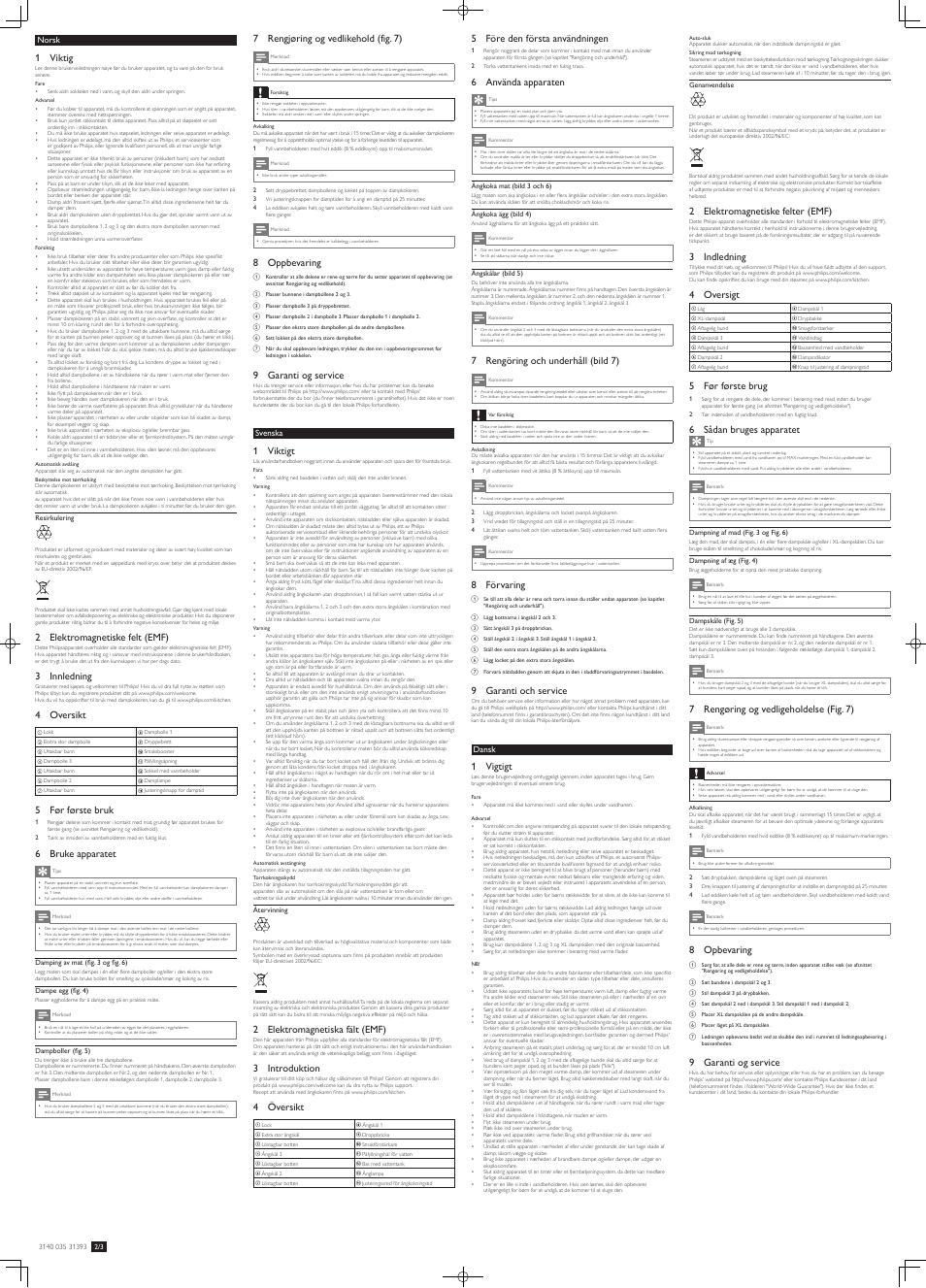 1 viktig, 2 elektromagnetiske felt (emf), 3 innledning | 4 oversikt, 5 før første bruk, 6 bruke apparatet, 7 rengjøring og vedlikehold (fig. 7), 8 oppbevaring, 9 garanti og service, 5 före den första användningen | Philips Jamie Oliver Dampfgarer User Manual | Page 3 / 6