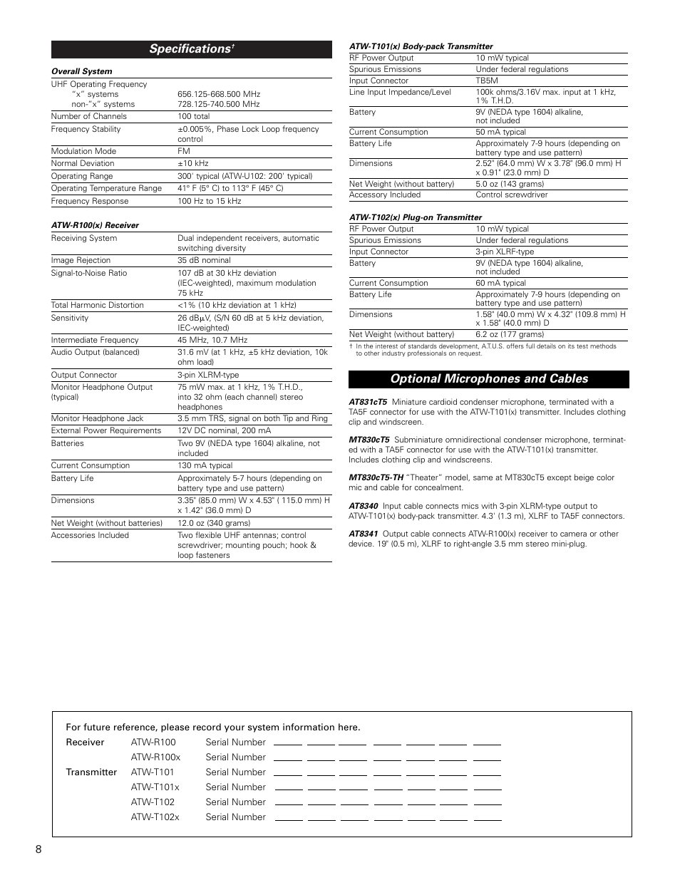 Specifications, Optional microphones and cables | Audio-Technica ATW-U102 User Manual | Page 8 / 12