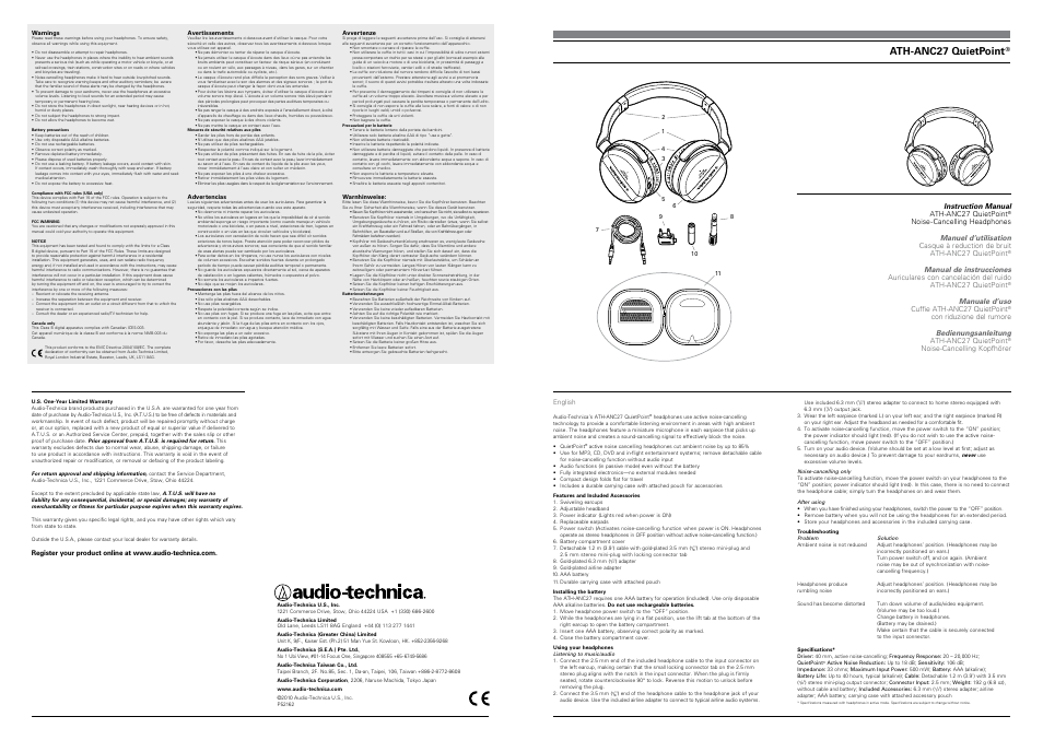 Audio-Technica QuietPoint ATH-ANC27 User Manual | 2 pages