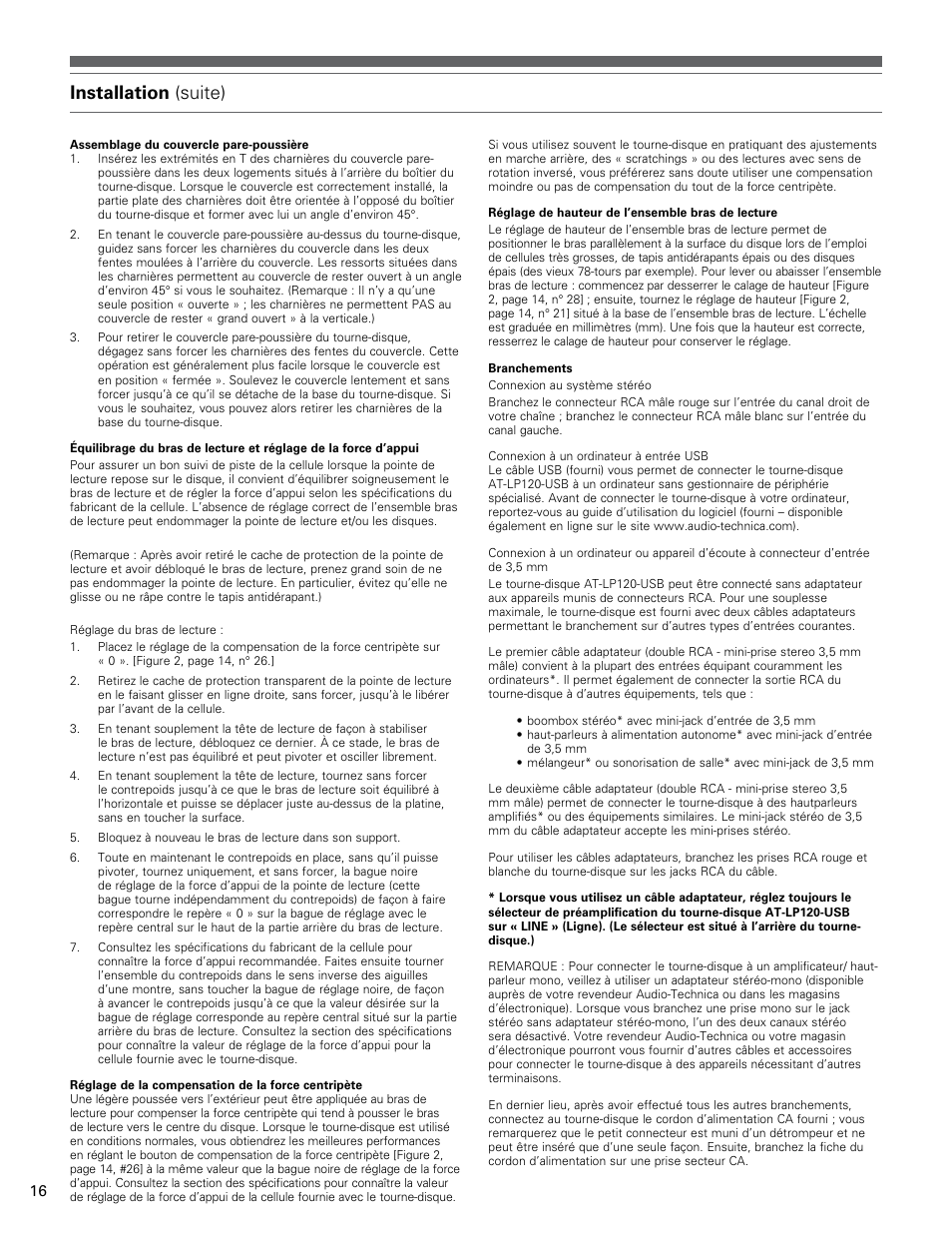 Installation (suite) | Audio-Technica AT-LP120-USB User Manual | Page 16 / 32